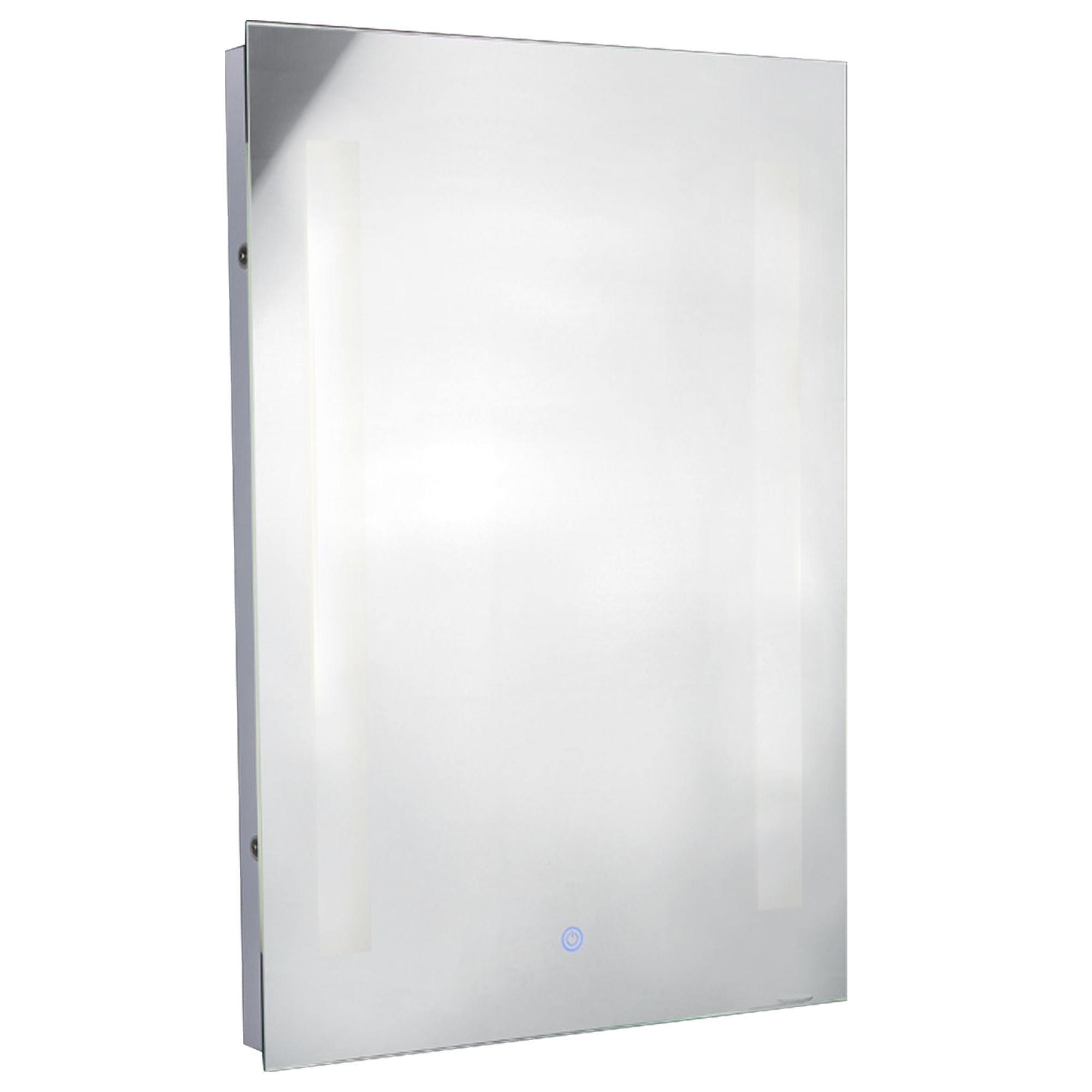 Searchlight chrome bathroom mirror shown unlit, angled studio shot showing the slim chrome edge and frosted light strip panels