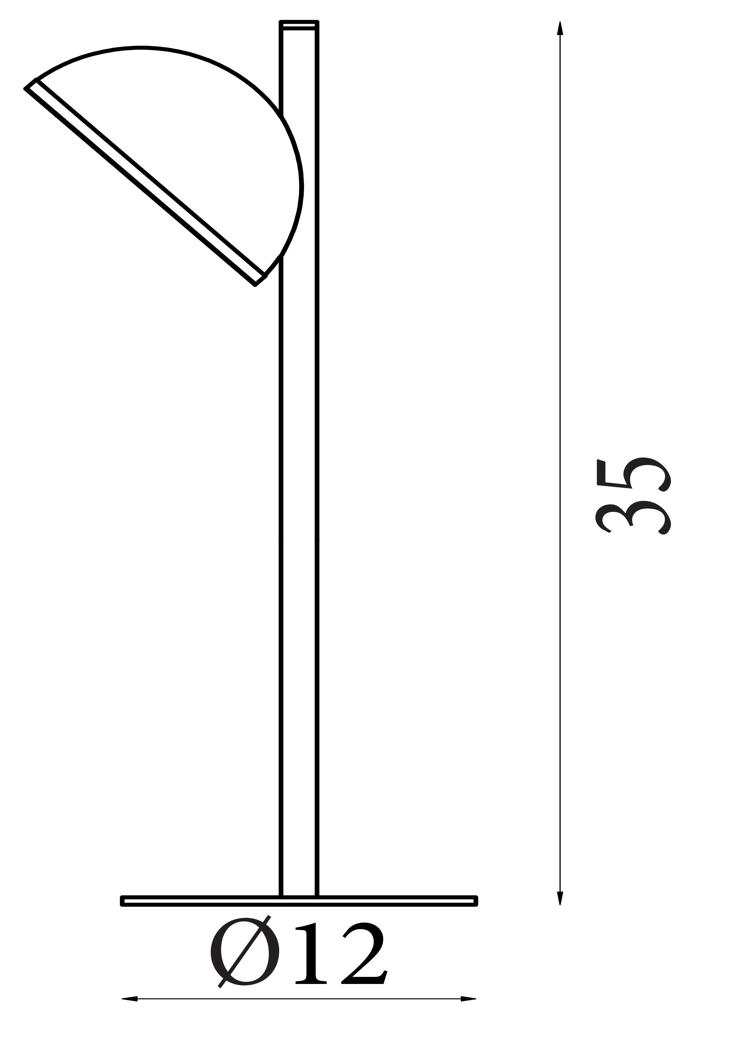 Technical drawing of the Tully table lamp showing 35cm height and 12cm diameter base