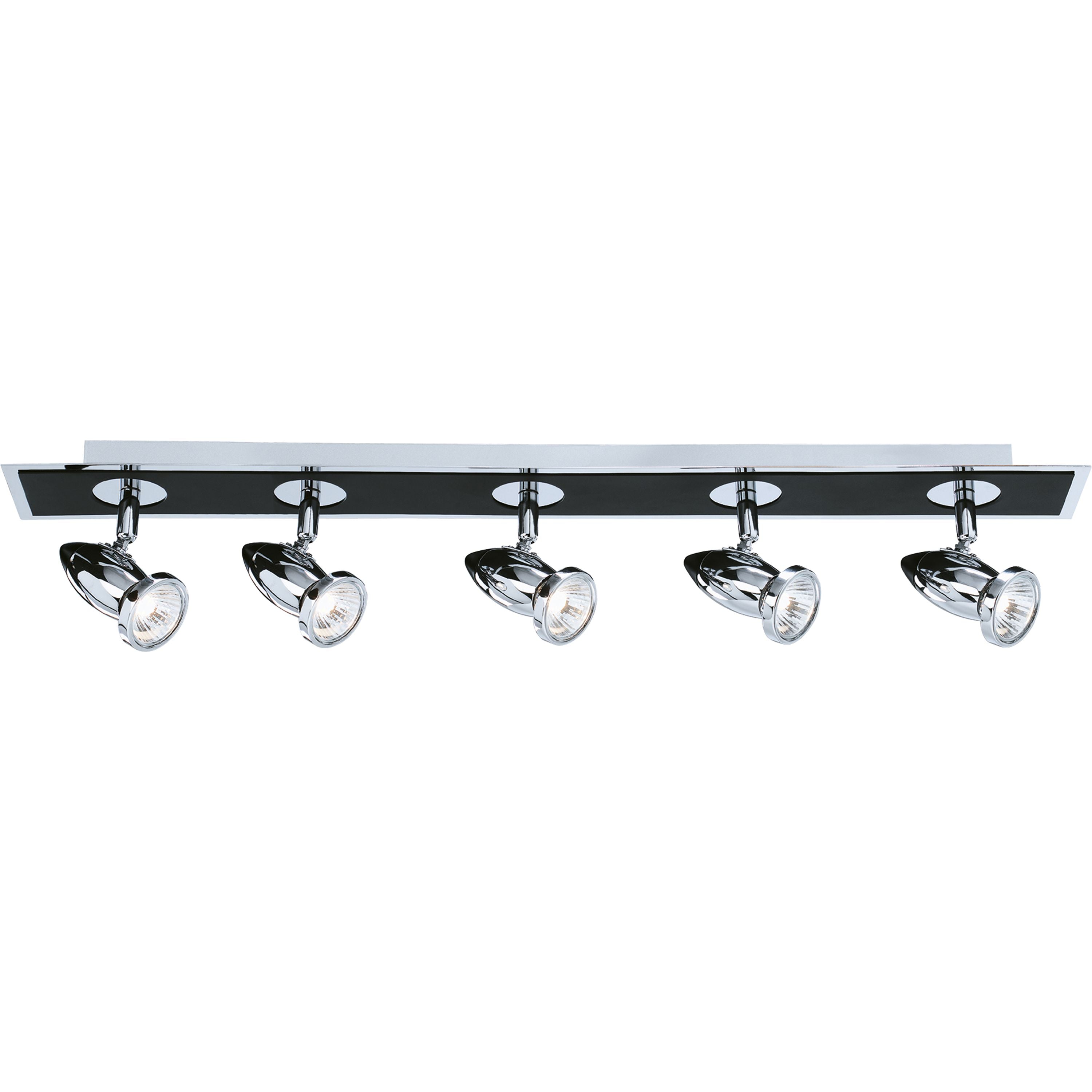 Searchlight Comet 5 light bar spotlight in matt black and polished chrome, angled studio shot with all five heads lit