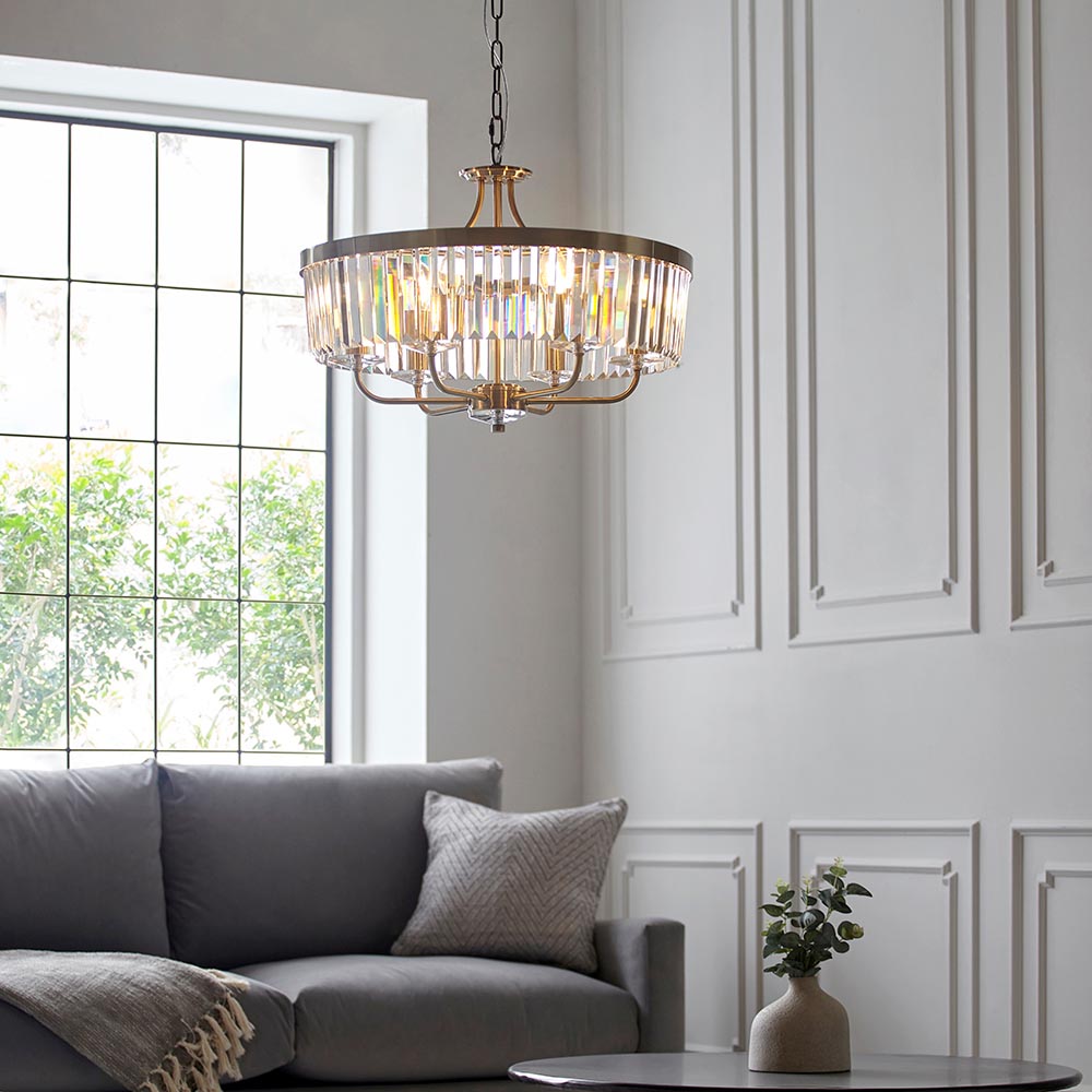Utopia Martini 6 Light Pendant Chandelier - Antique Brass & Clear Cut Glass