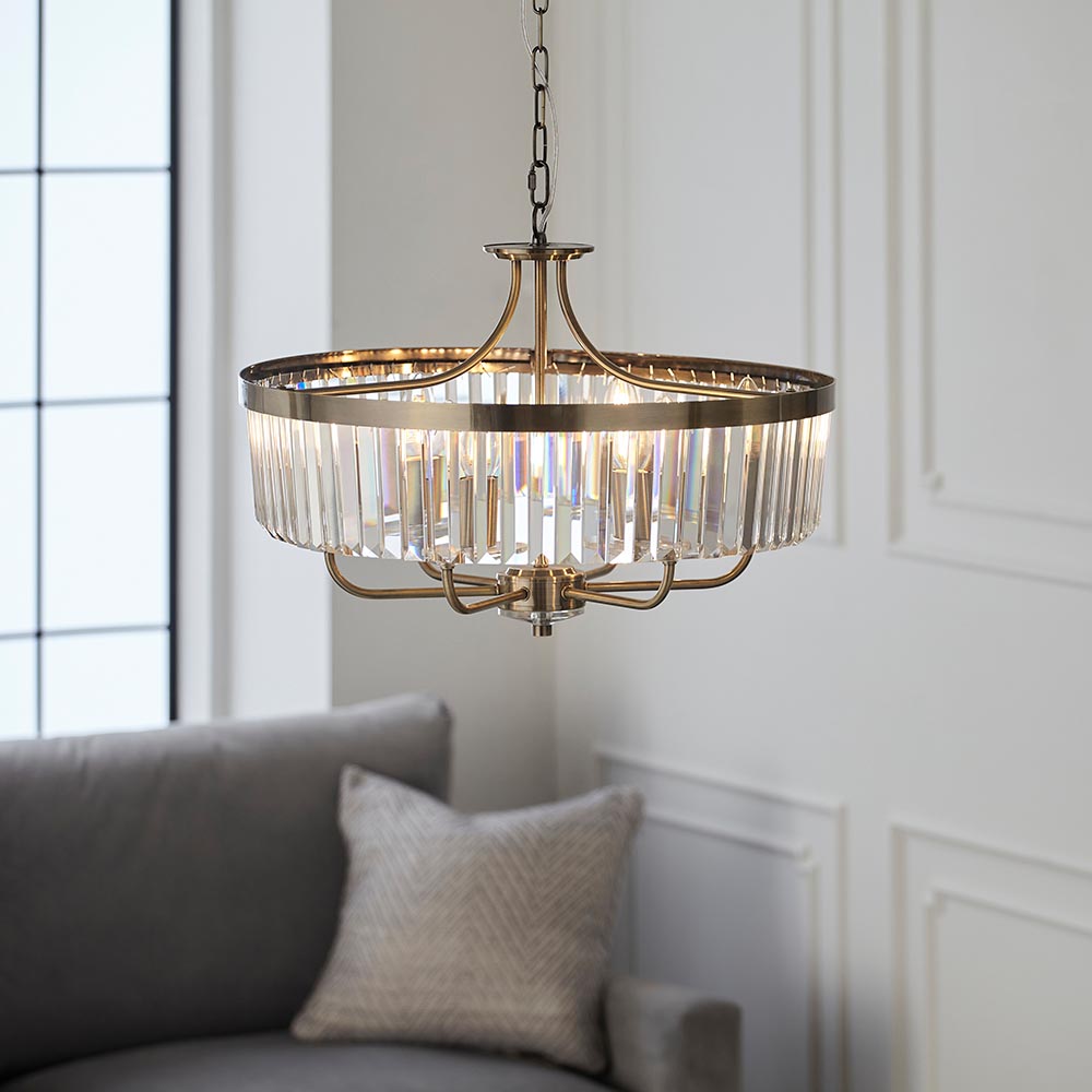 Utopia Martini 6 Light Pendant Chandelier - Antique Brass & Clear Cut Glass