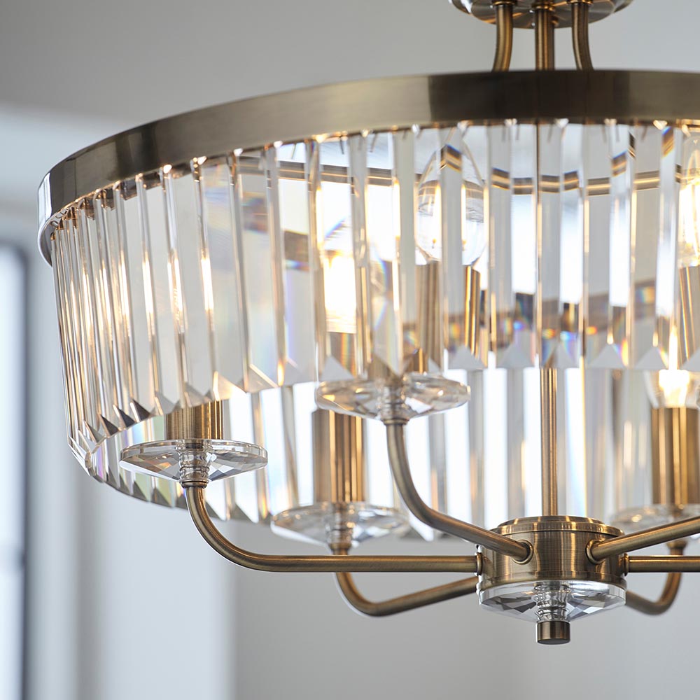 Utopia Martini 6 Light Pendant Chandelier - Antique Brass & Clear Cut Glass