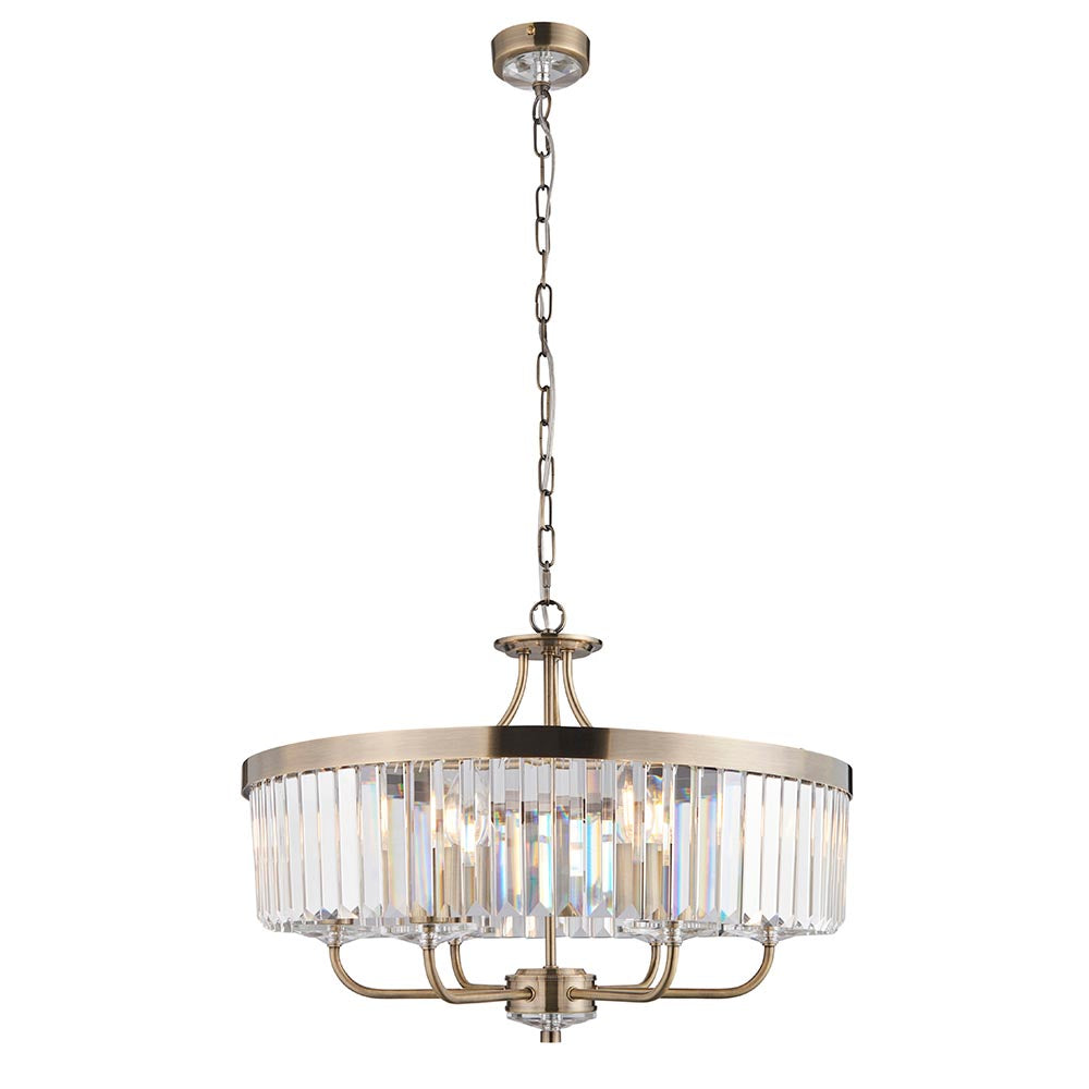 Utopia Martini 6 Light Pendant Chandelier - Antique Brass & Clear Cut Glass