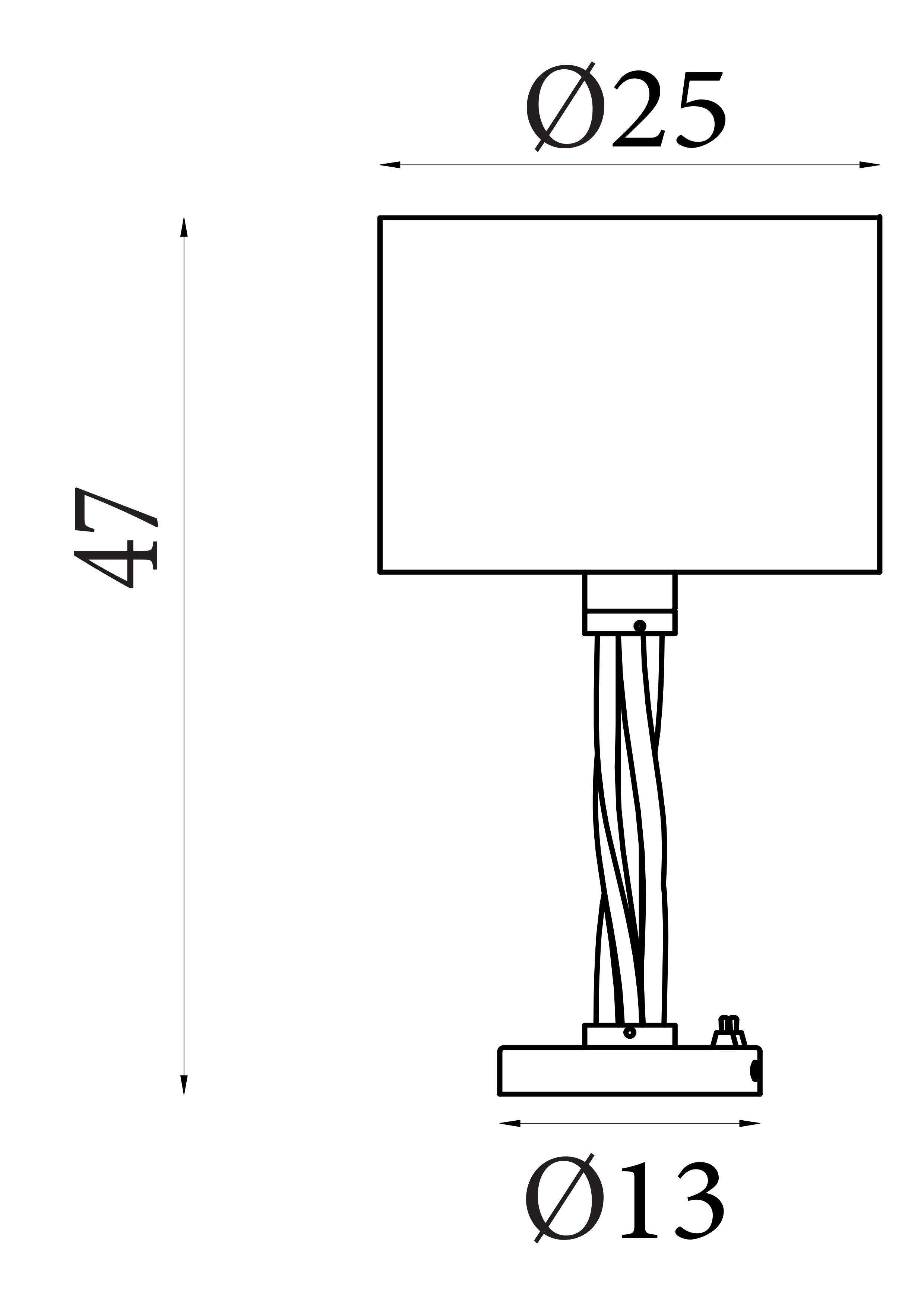Technical drawing of the Vegas table lamp showing a height of 47cm, shade diameter of 25cm and base diameter of 13cm