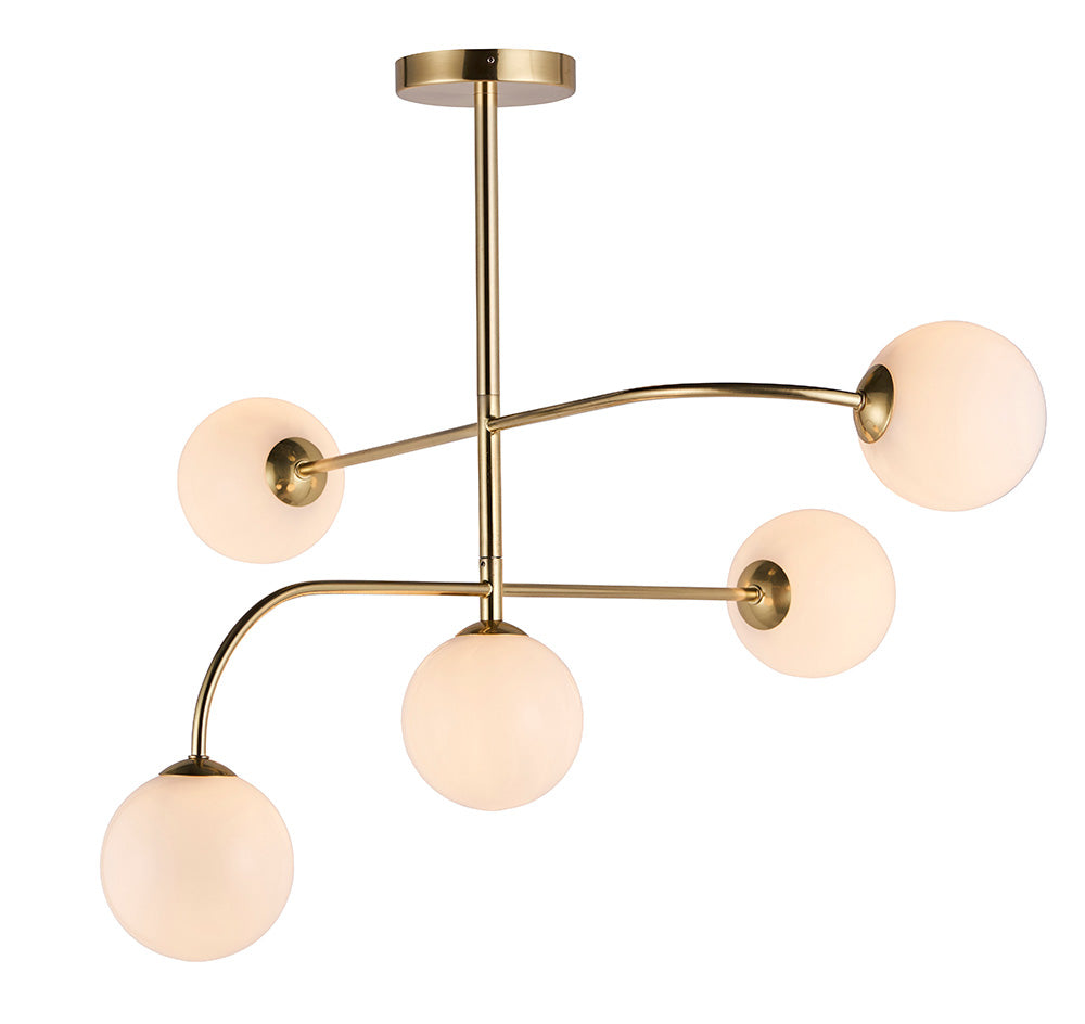 Endon Otto 5 Light Semi Flush Fitting - Satin Brass Plate & Opal Glass