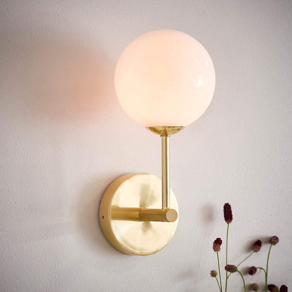Endon Otto Single Light Wall Light - Satin Brass Plate & Opal Glass