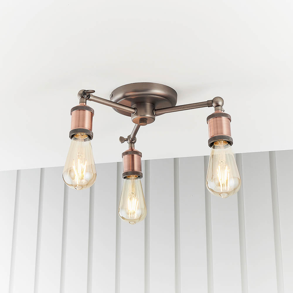 Endon Hal 3 Light Semi Flush Fitting - Aged Pewter & Aged Copper Plate