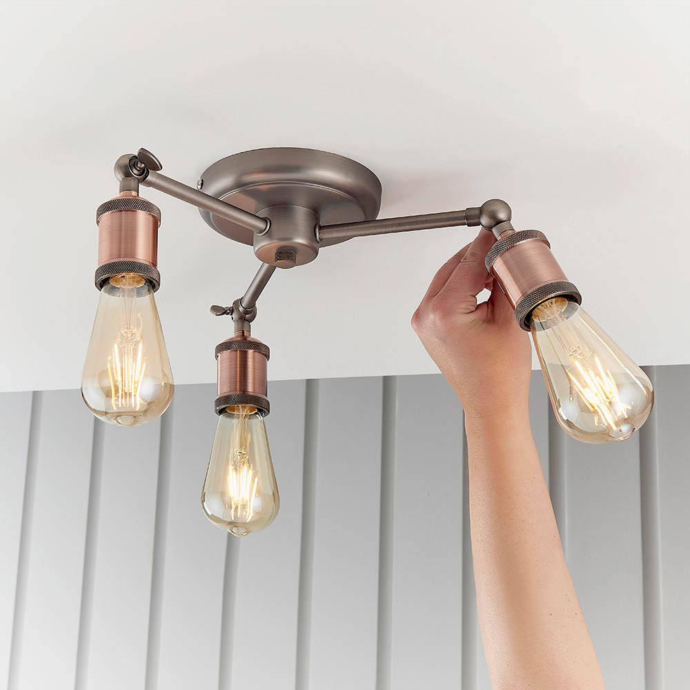 Endon Hal 3 Light Semi Flush Fitting - Aged Pewter & Aged Copper Plate