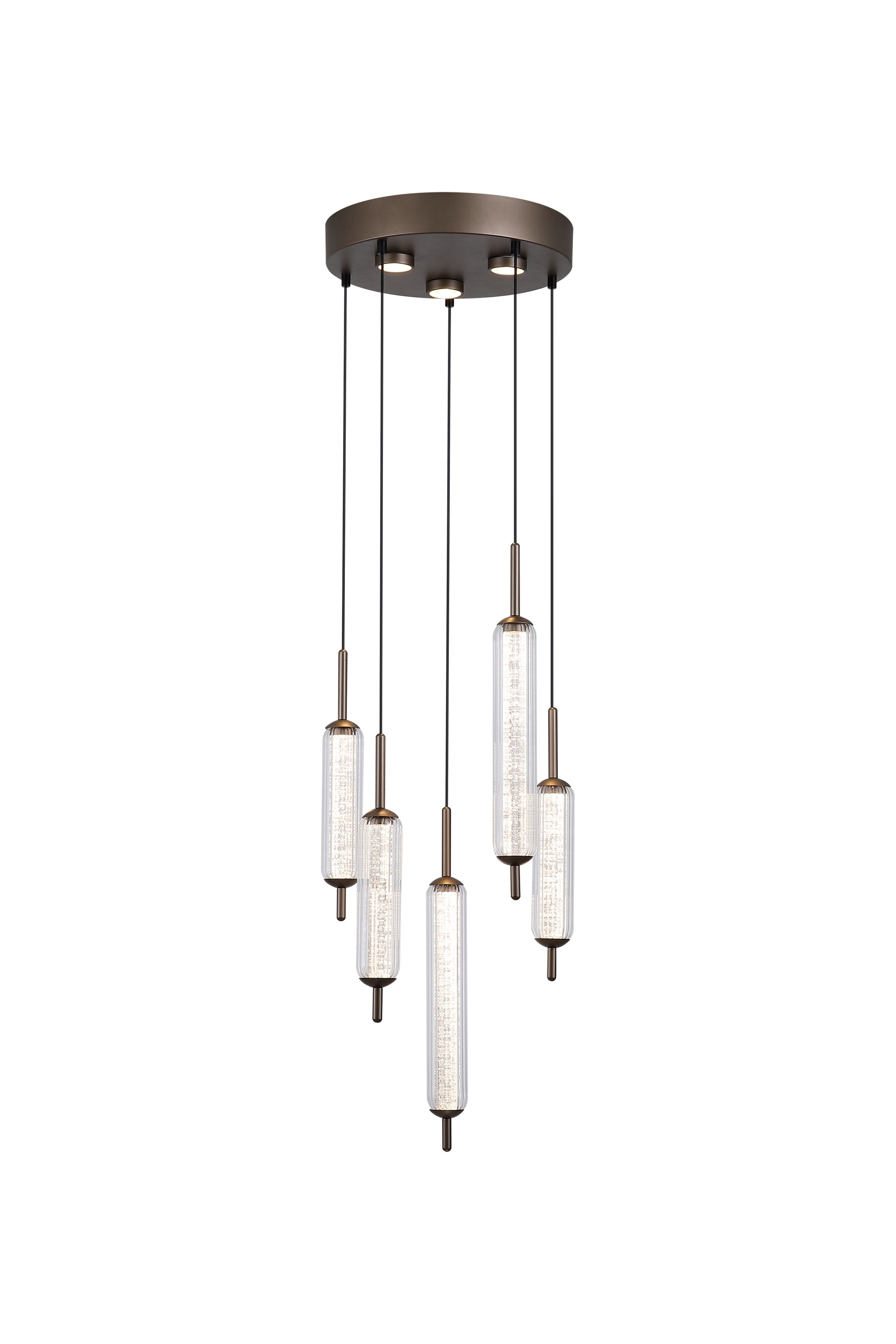 Searchlight Cattail 5 Light LED Pendant with ribbed glass cylinder shades on a round bronze ceiling plate fitted with 3 GU10 spotlights, lit against a white background