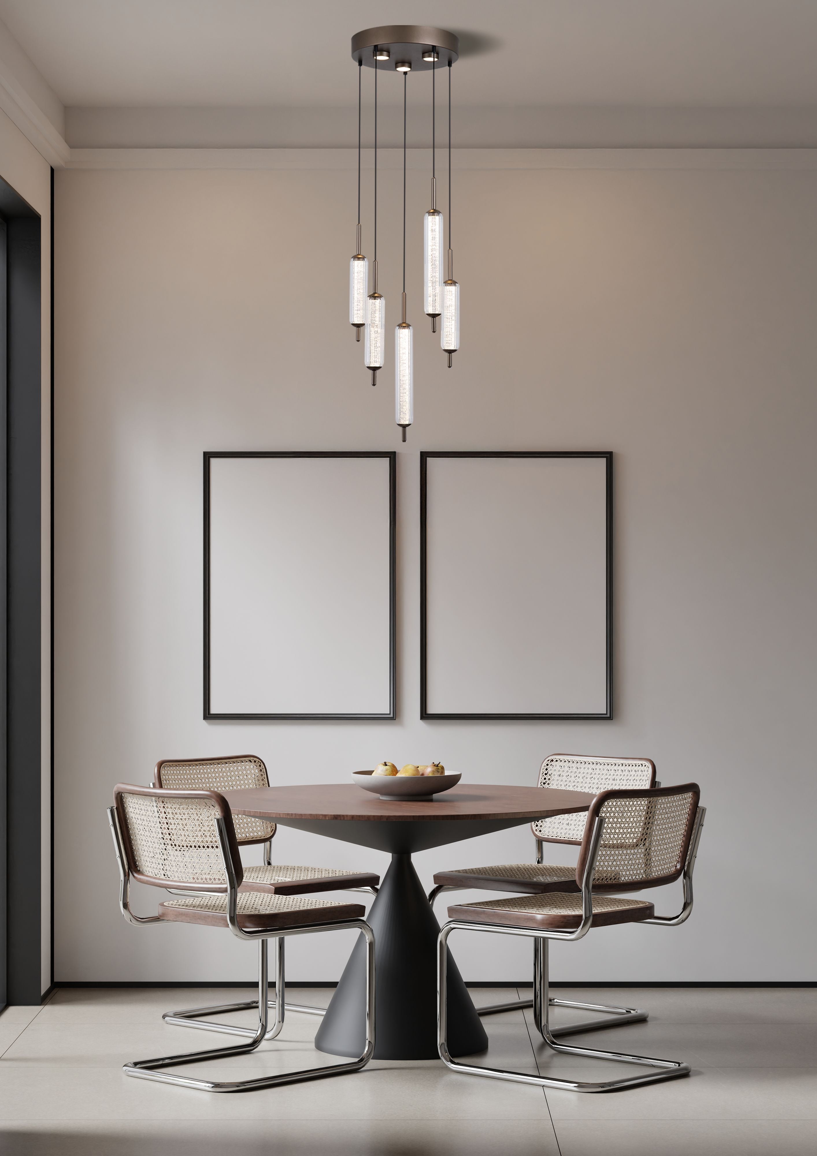 Searchlight Cattail 5 Light LED Pendant styled over a round dining table, ribbed glass cylinder shades lit warm white