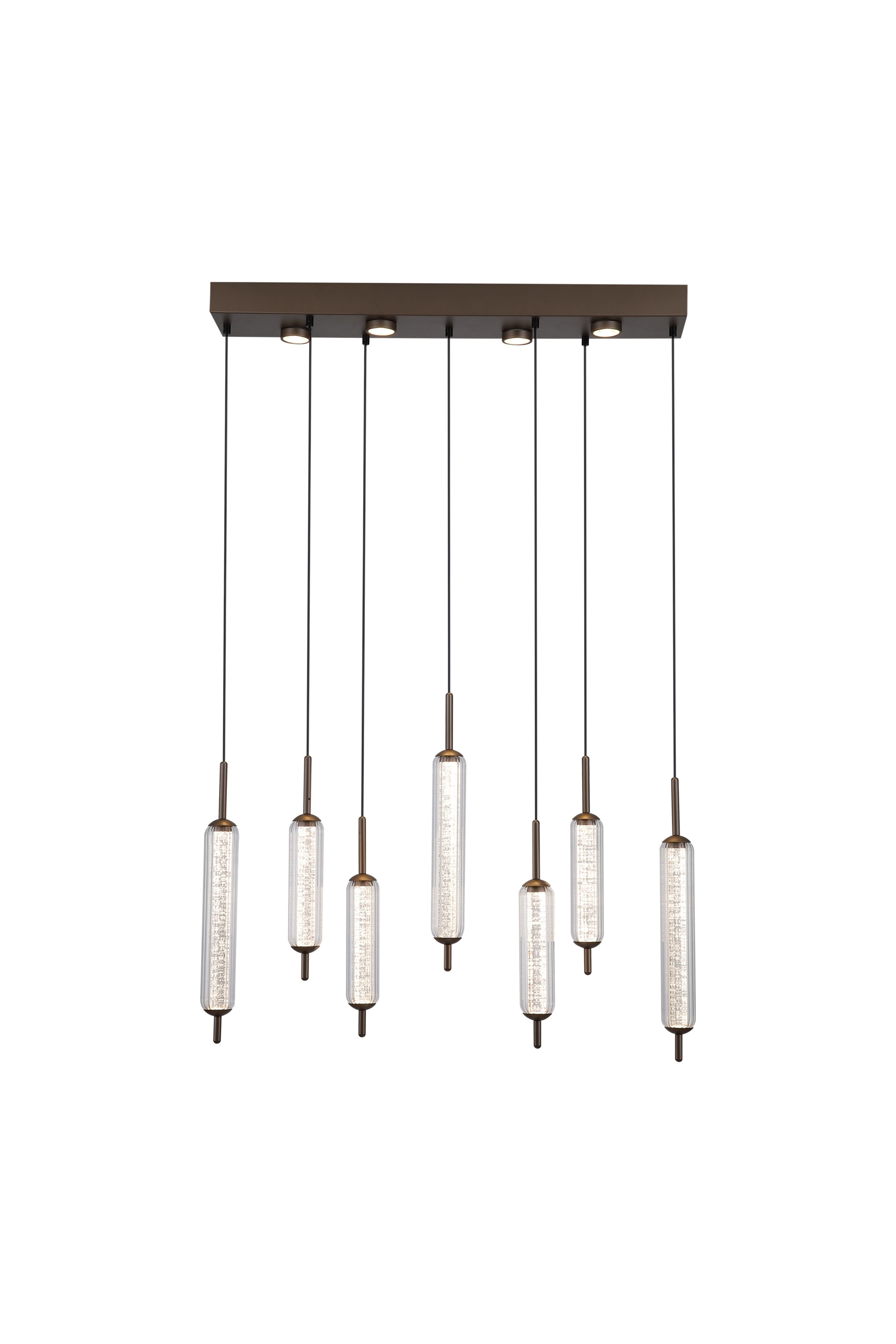 Searchlight Cattail 7 Light LED Pendant in latte metal, angled studio shot showing all seven ribbed glass tube drops lit and the four GU10 spotlights in the ceiling plate