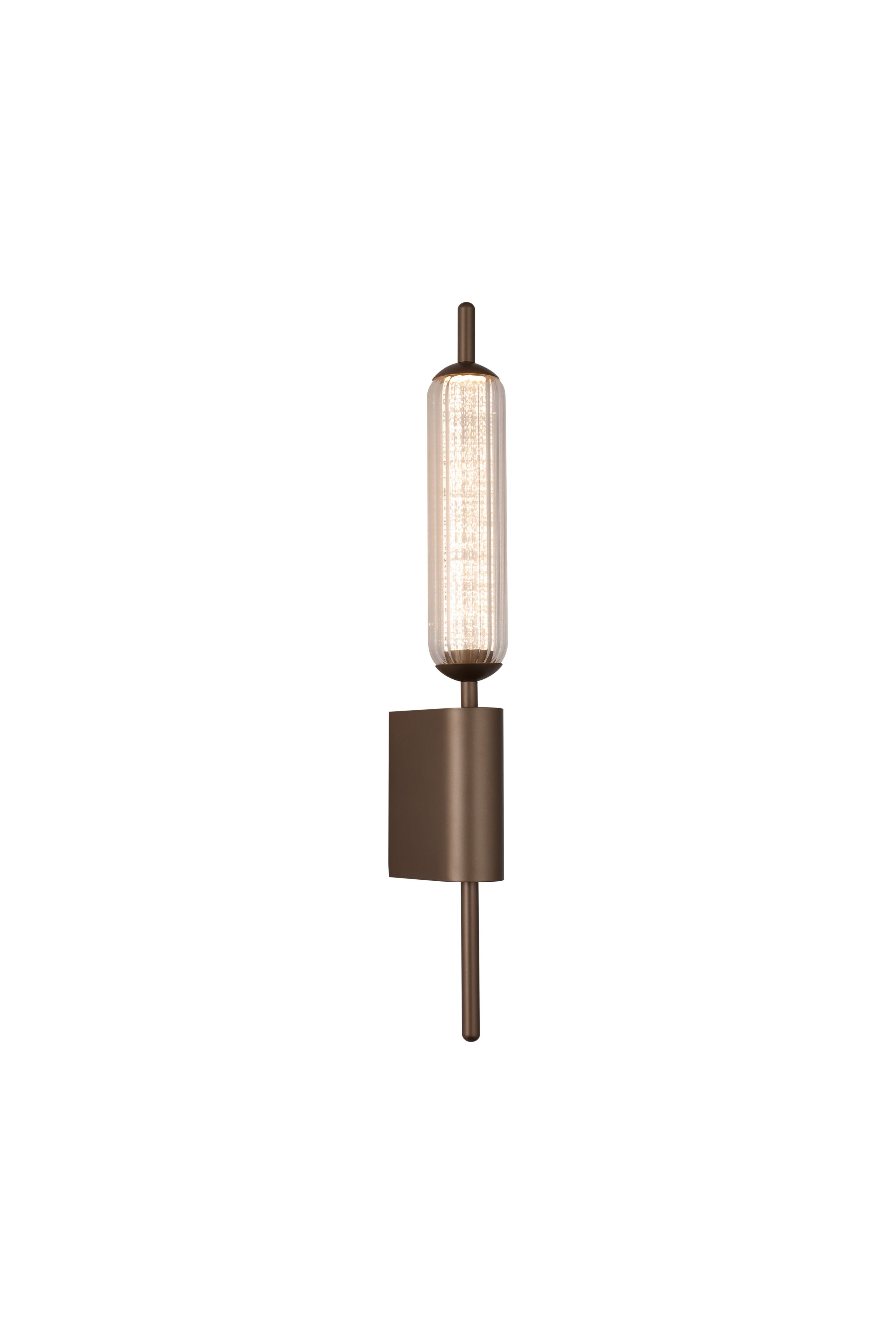 Searchlight Cattail LED Wall Lamp in latte metal, straight on studio shot of the single ribbed glass tube lit within the slim metal frame