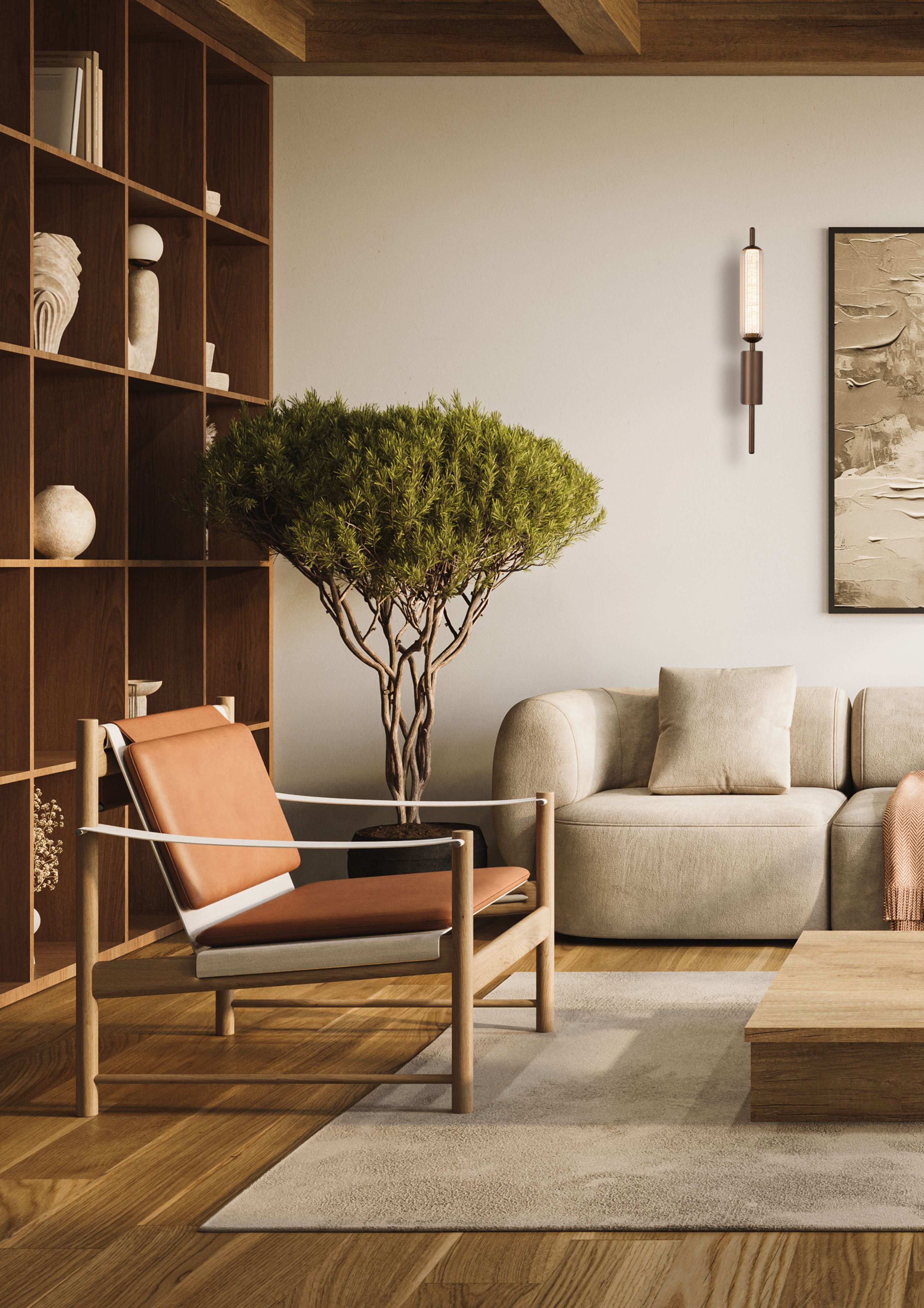 Searchlight Cattail LED Wall Lamp styled on a living room wall beside a bookshelf, armchair, and framed artwork
