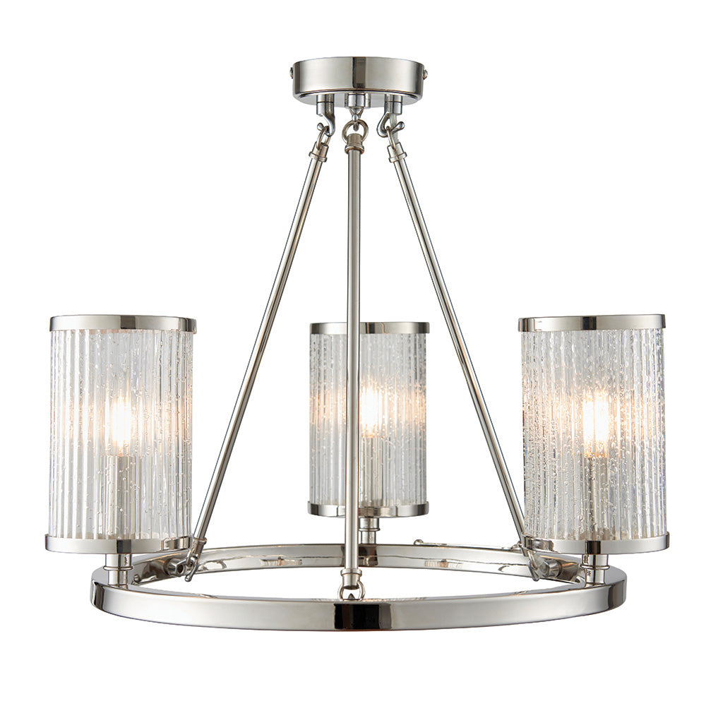 Endon Easton 3 Light Semi Flush Fitting - Bright Nickel Plate & Ribbed Bubble Glass