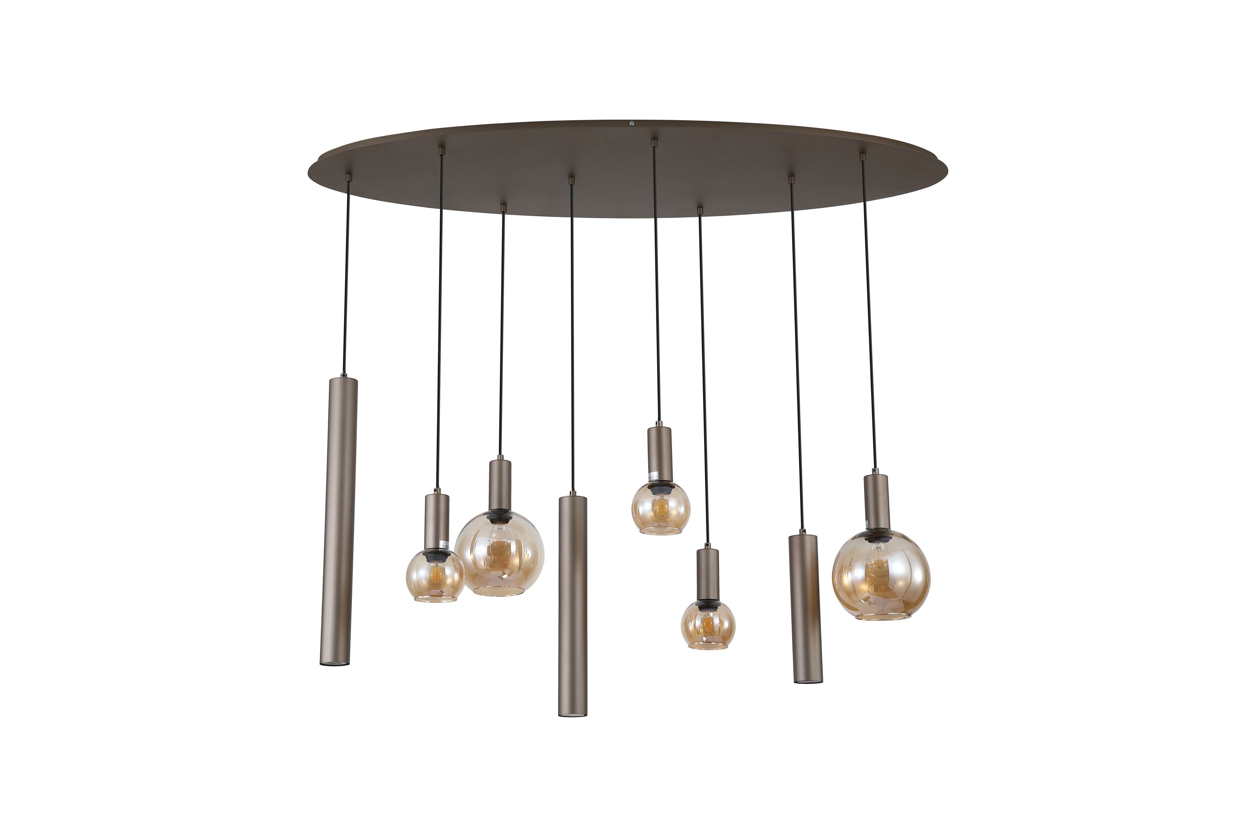 Searchlight Lyon 8 light pendant in latte metal and amber glass, alternate studio view of the staggered cascading drops
