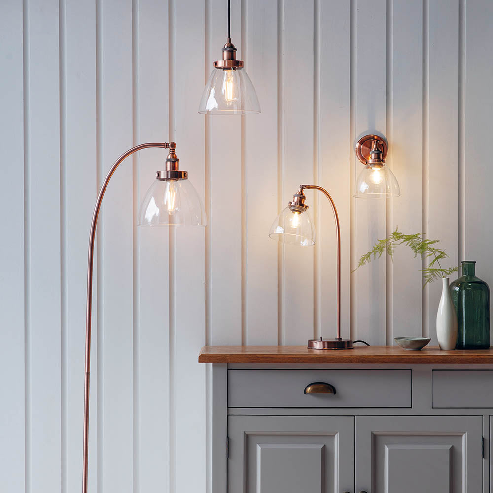 Endon Hansen Single Light Pendant - Aged Copper Plate & Clear Glass