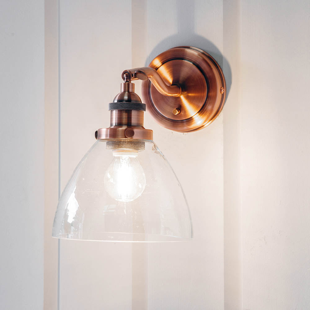 Endon Hansen Single Light Wall Light - Aged Copper Plate & Clear Glass