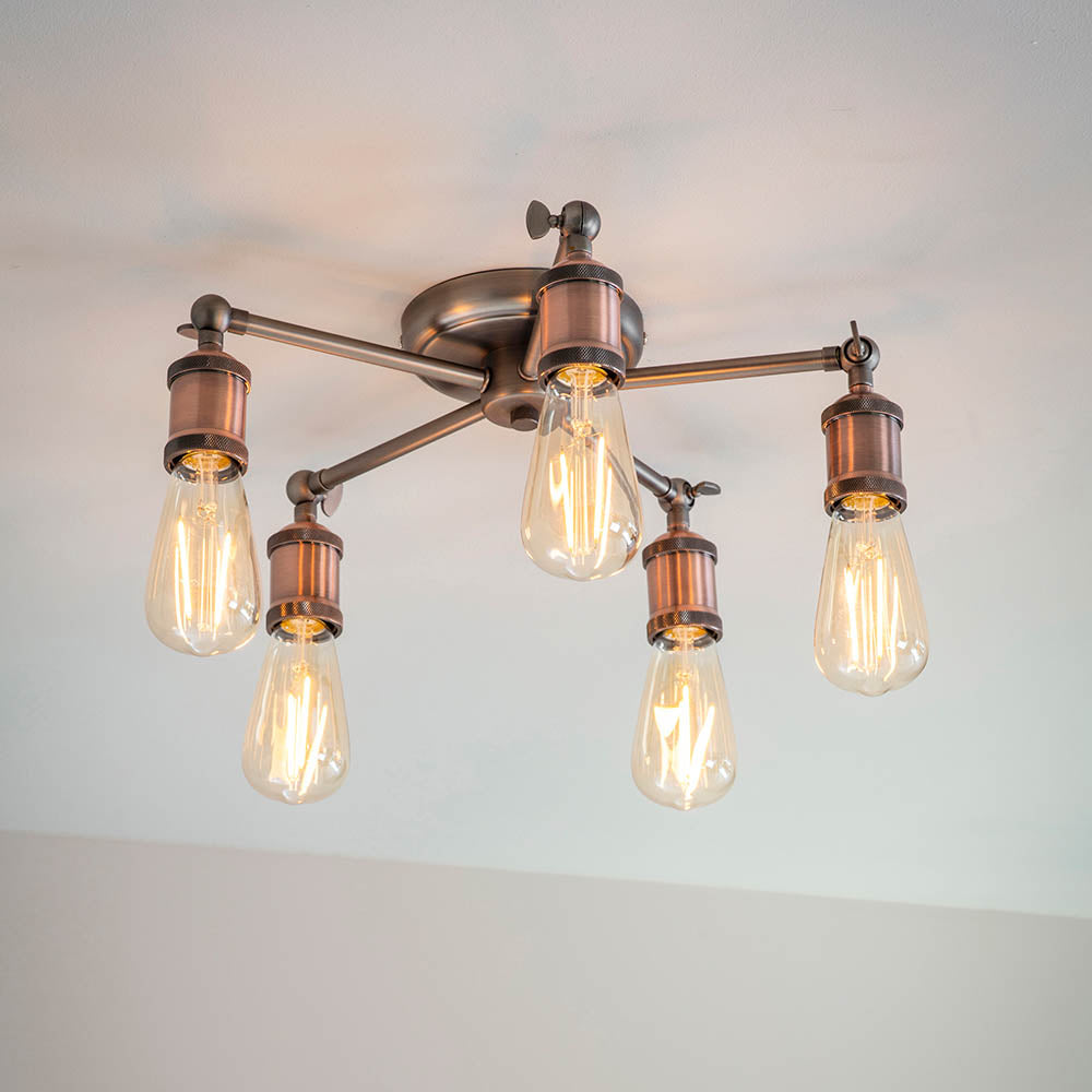 Endon Hal 5 Light Semi Flush Fitting - Aged Pewter & Aged Copper Plate