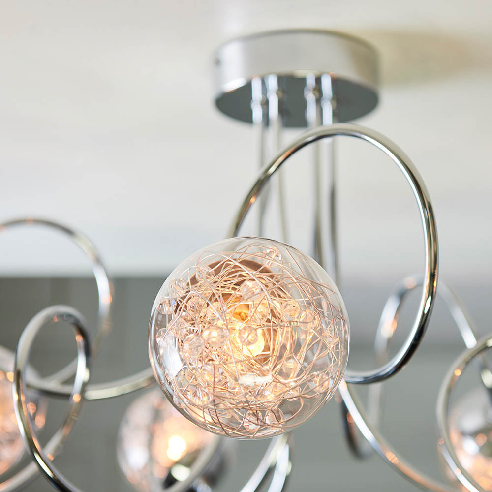 Endon Auria 6 Light Semi Flush Fitting - Chrome Plate With Clear Glass & Chrome Wire