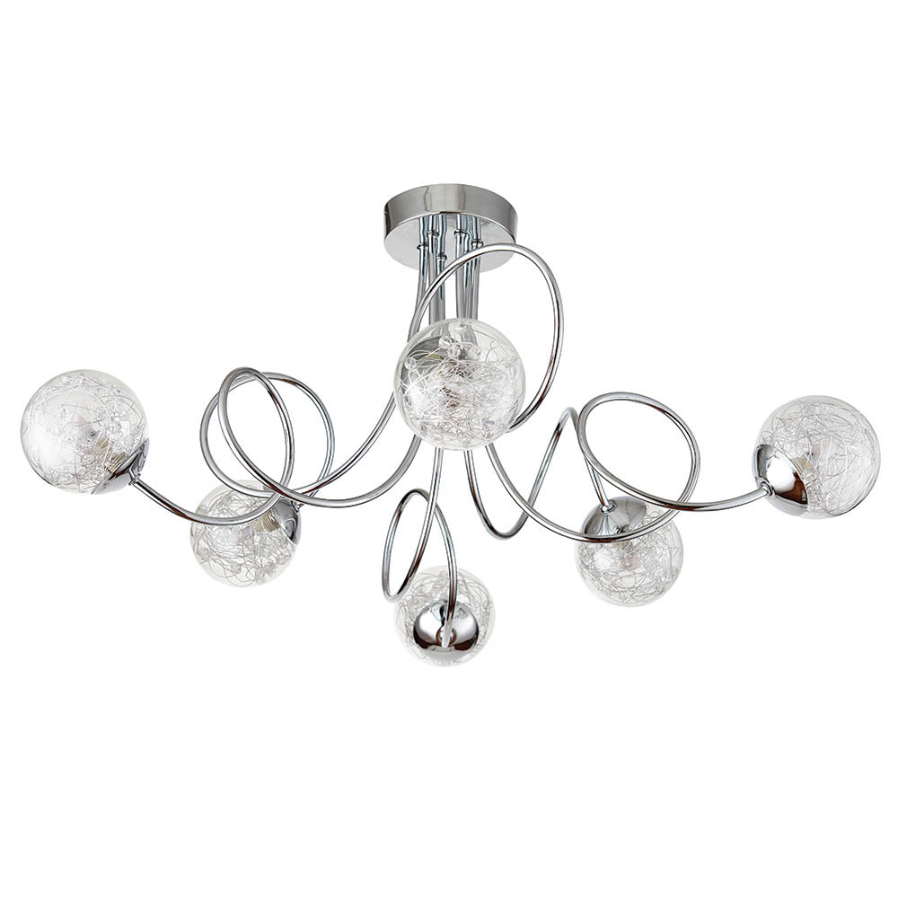 Endon Auria 6 Light Semi Flush Fitting - Chrome Plate With Clear Glass & Chrome Wire
