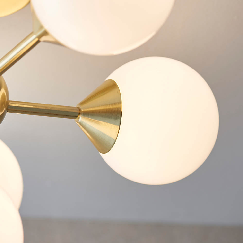 Endon Oscar 6 Light Semi Flush Fitting - Satin Brass Plate & Gloss White Glass