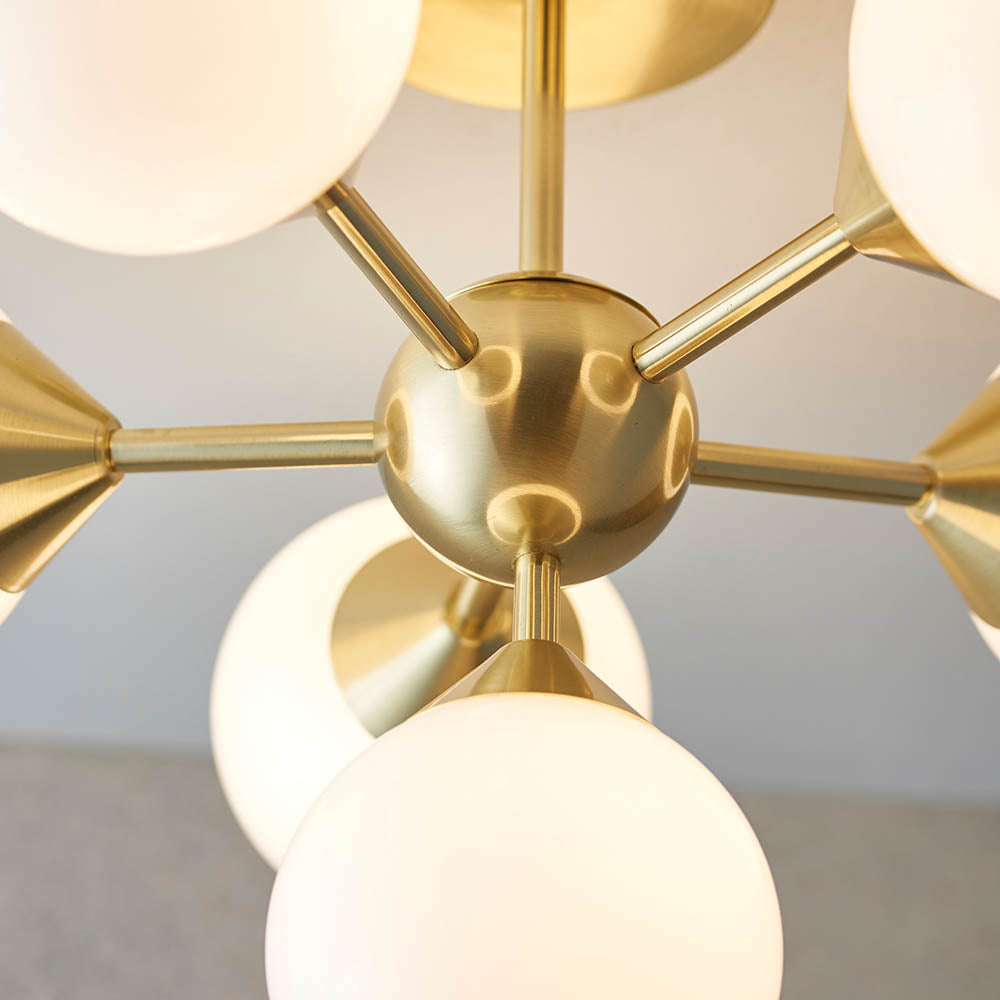 Endon Oscar 6 Light Semi Flush Fitting - Satin Brass Plate & Gloss White Glass