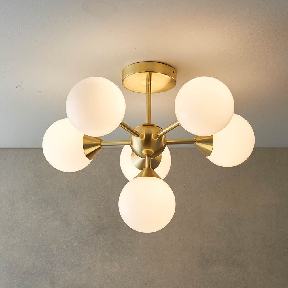 Endon Oscar 6 Light Semi Flush Fitting - Satin Brass Plate & Gloss White Glass