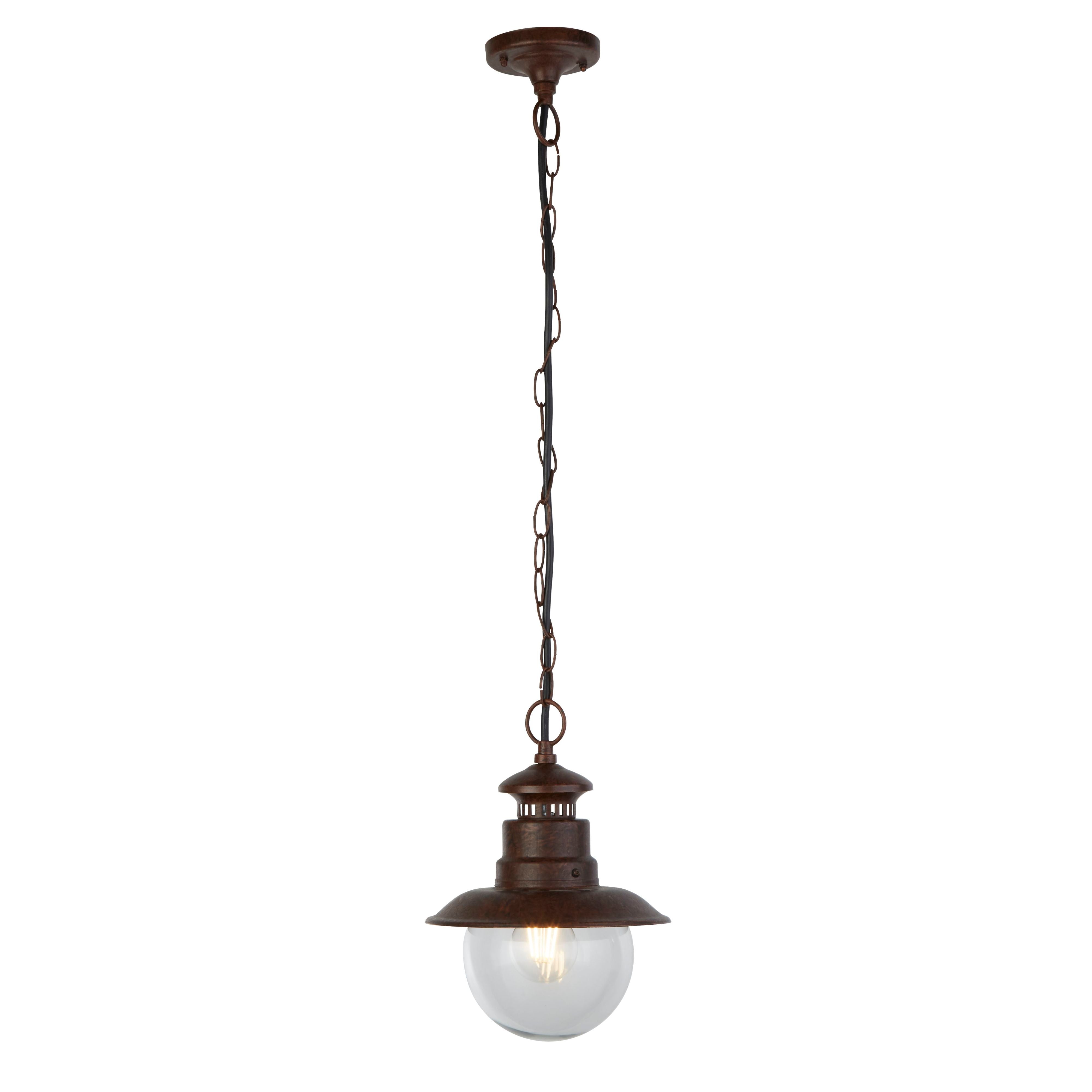 Searchlight Station outdoor pendant in rustic brown metal, studio shot on its full chain showing the lantern shade and clear glass globe lit from within