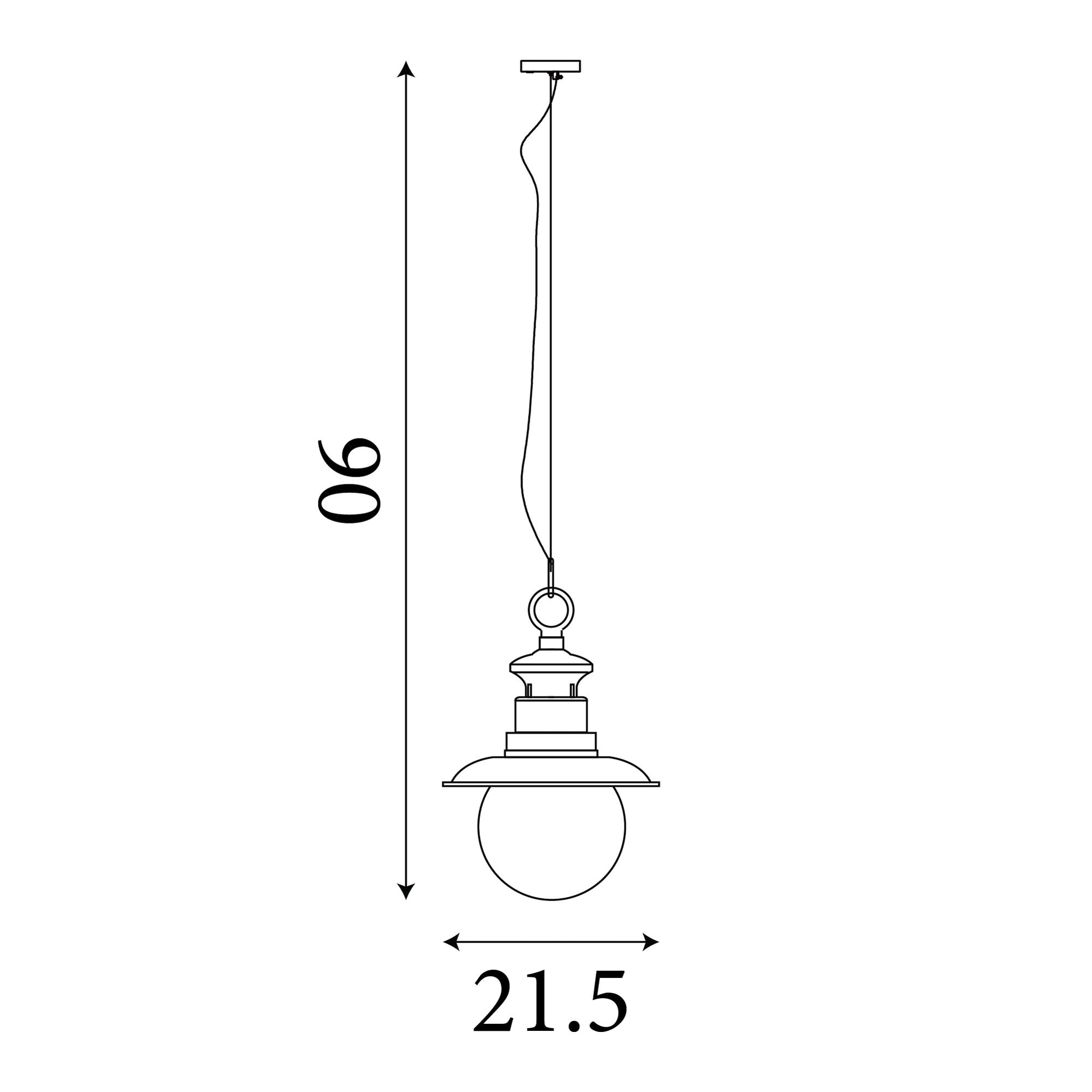 Technical line drawing of the Station outdoor pendant showing overall drop of 90cm and shade width of 21.5cm