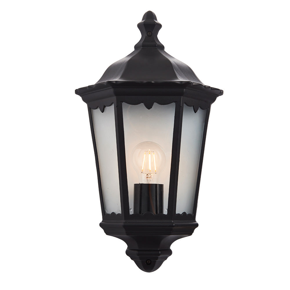 Endon Burford Single Light Wall Half Lantern - Matt Black & Clear Glass