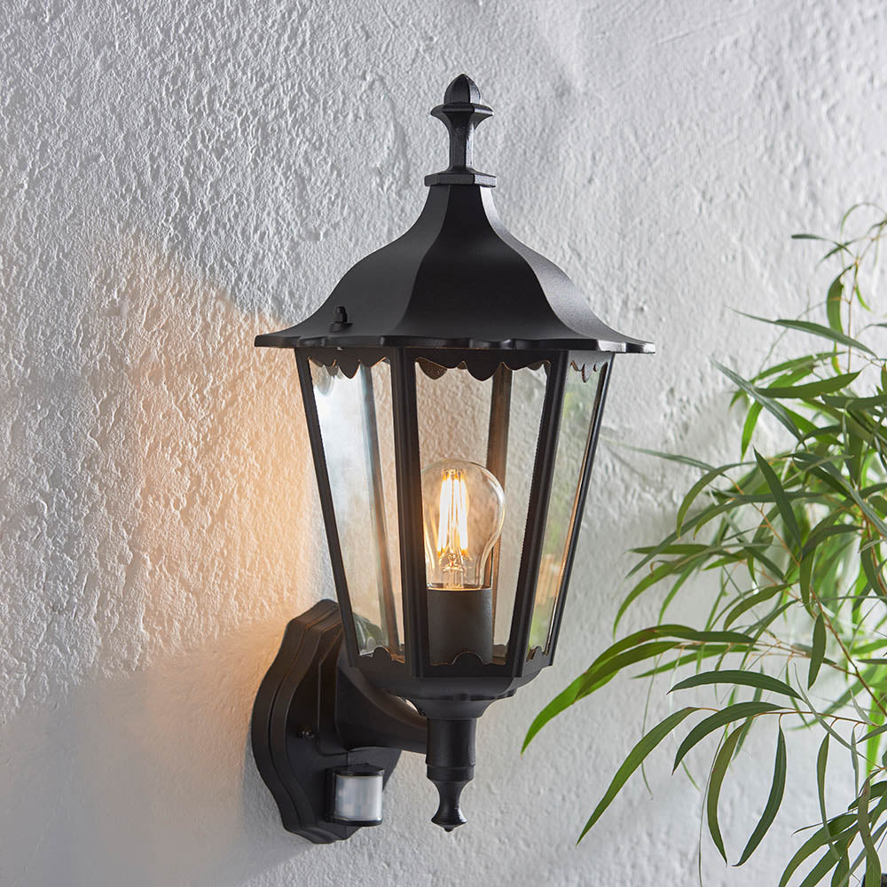 Endon Burford Single Light Wall Light with PIR - Matt Black & Clear Glass