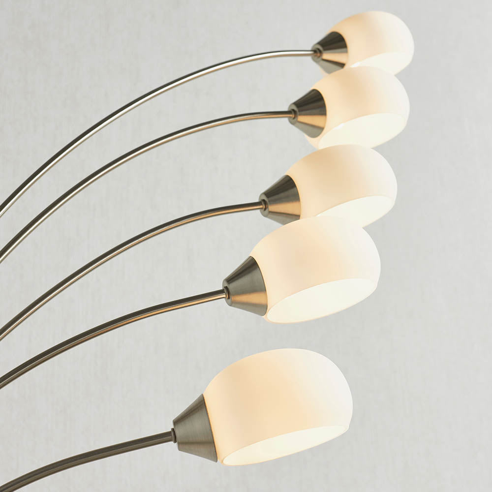 Endon Jaspa 5 Light Floor Lamp - Satin Nickel Plate & White Glass