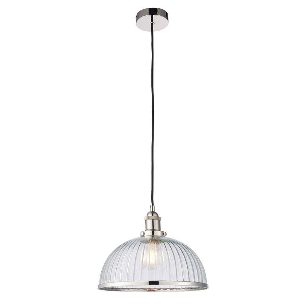 Endon Hansen Single Light Pendant - Bright Nickel Plate & Clear Ribbed Glass