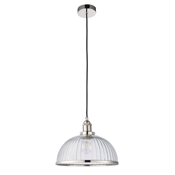 Endon Hansen Single Light Pendant - Bright Nickel Plate & Clear Ribbed Glass