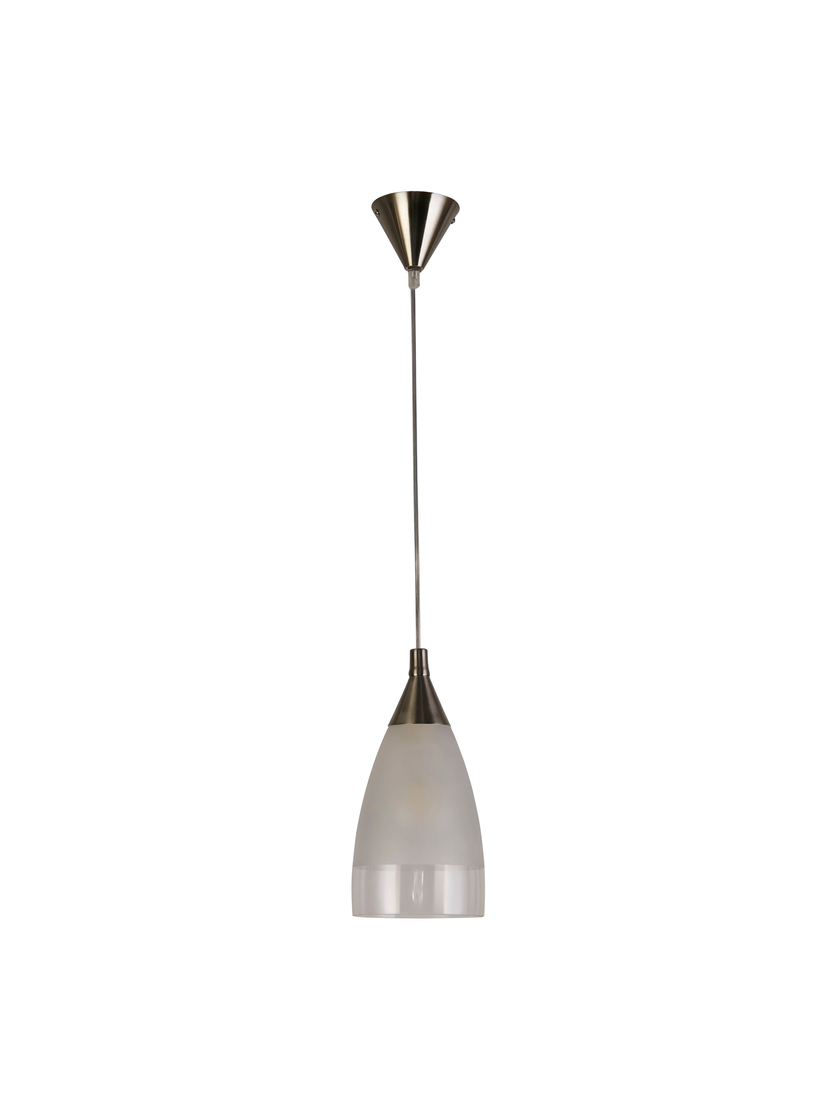 Searchlight Ankara pendant light in satin silver with a frosted acid glass shade, second studio angle on a white background