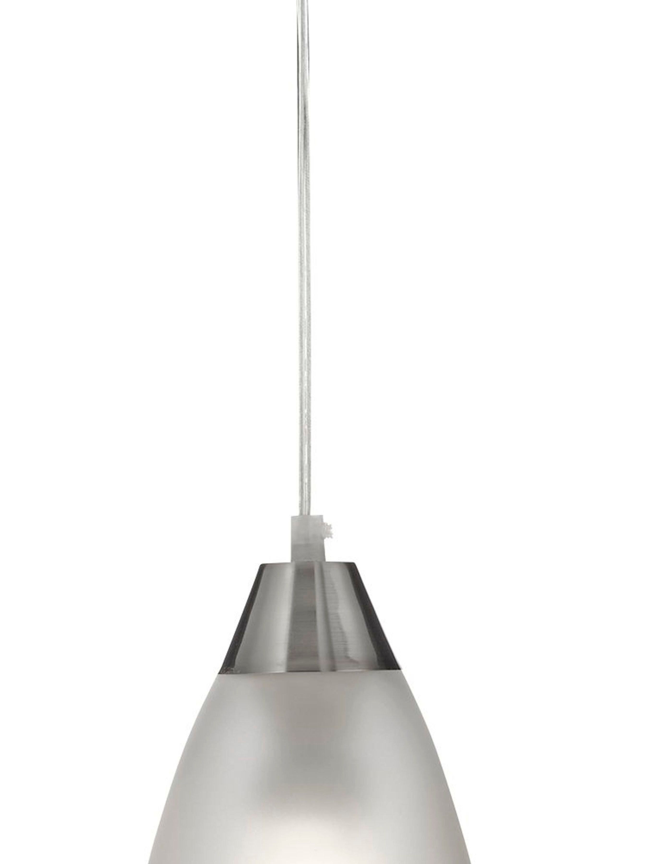 Close up of the satin silver fitting and frosted acid glass shade on the Searchlight Ankara pendant
