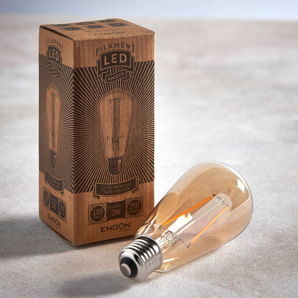 Endon E27 LED 2W Pear Shaped Bulb - 2000K - Non-Dimmable - Amber Glass