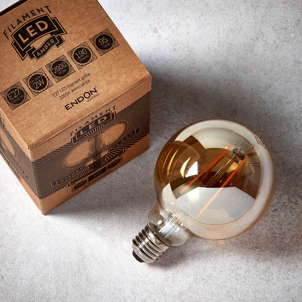 Endon E27 LED 2W 95mm Globe Bulb - 2000K - Non-Dimmable - Amber Glass