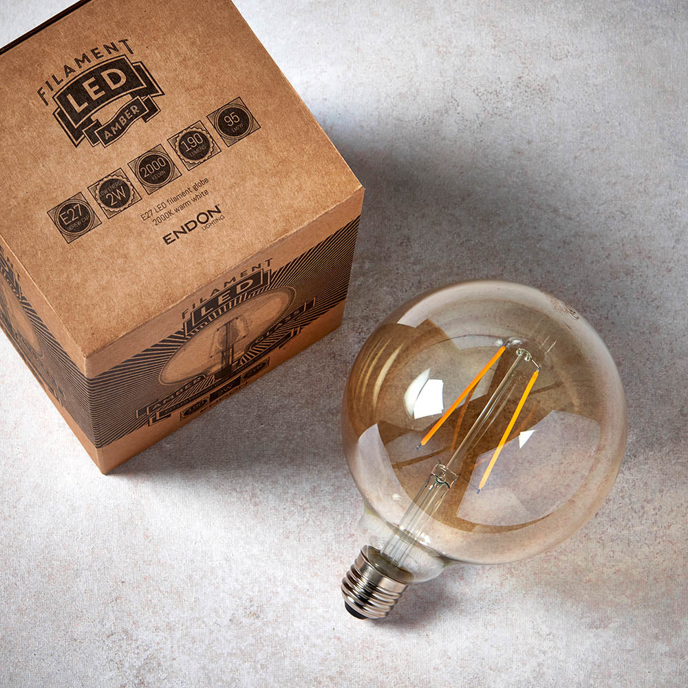 Endon E27 LED 2W 125mm Globe Bulb - 2000K - Non-Dimmable - Amber Glass