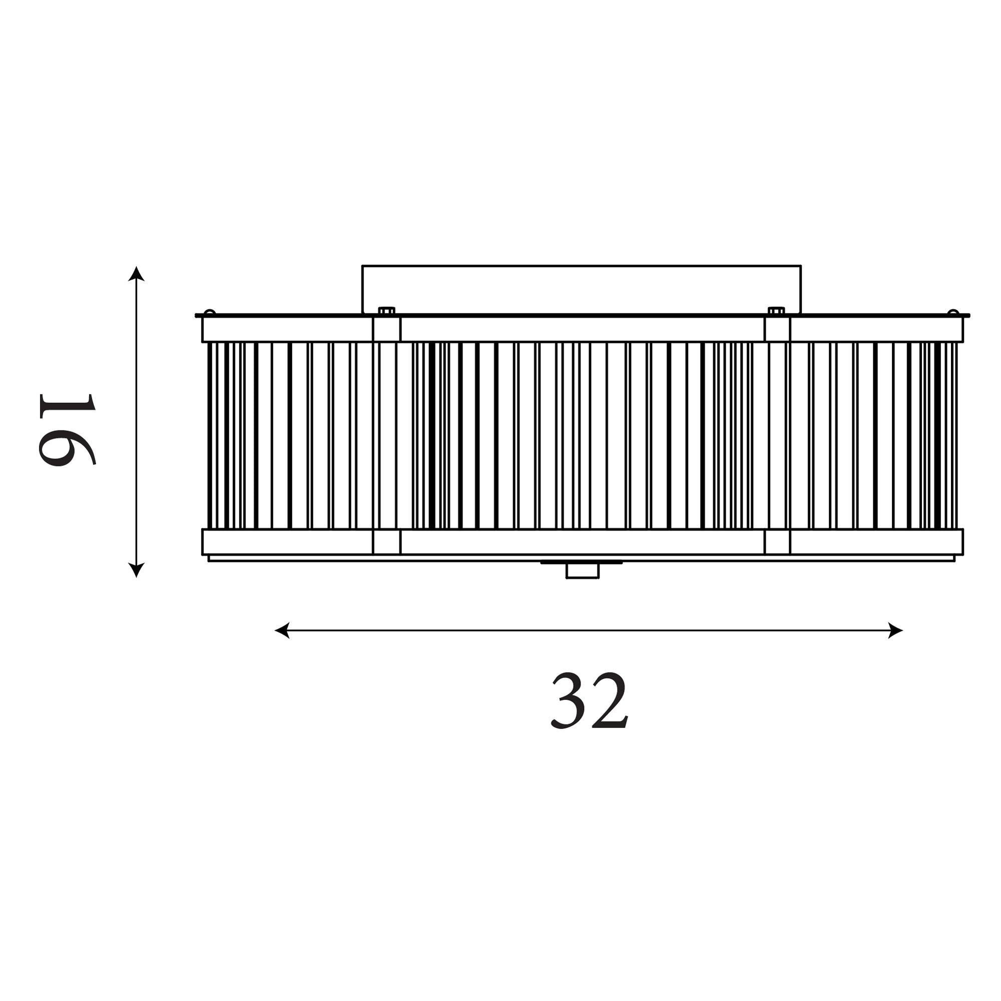 Technical dimension drawing of the Searchlight Lotus 2 light flush ceiling light showing 16cm height and 32cm width