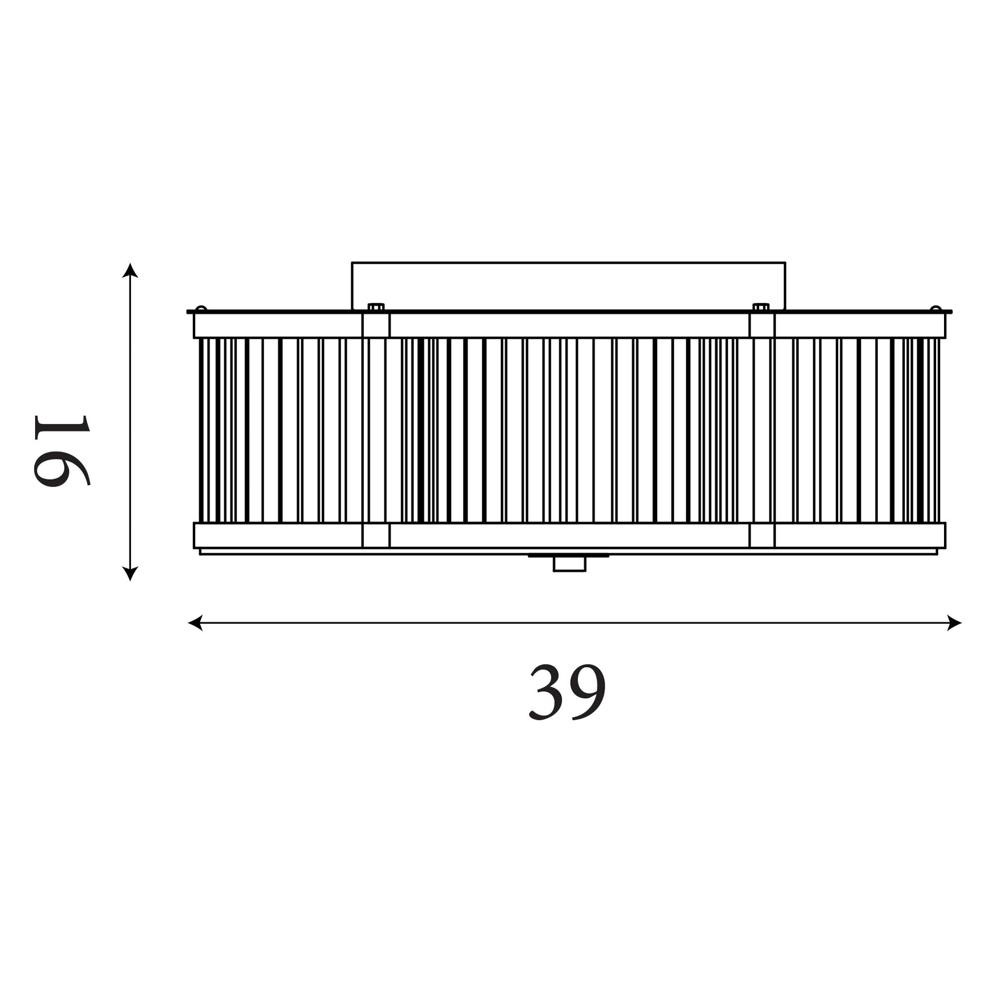 Technical dimension drawing of the Searchlight Lotus 3 light flush ceiling light showing 16cm height and 39cm width