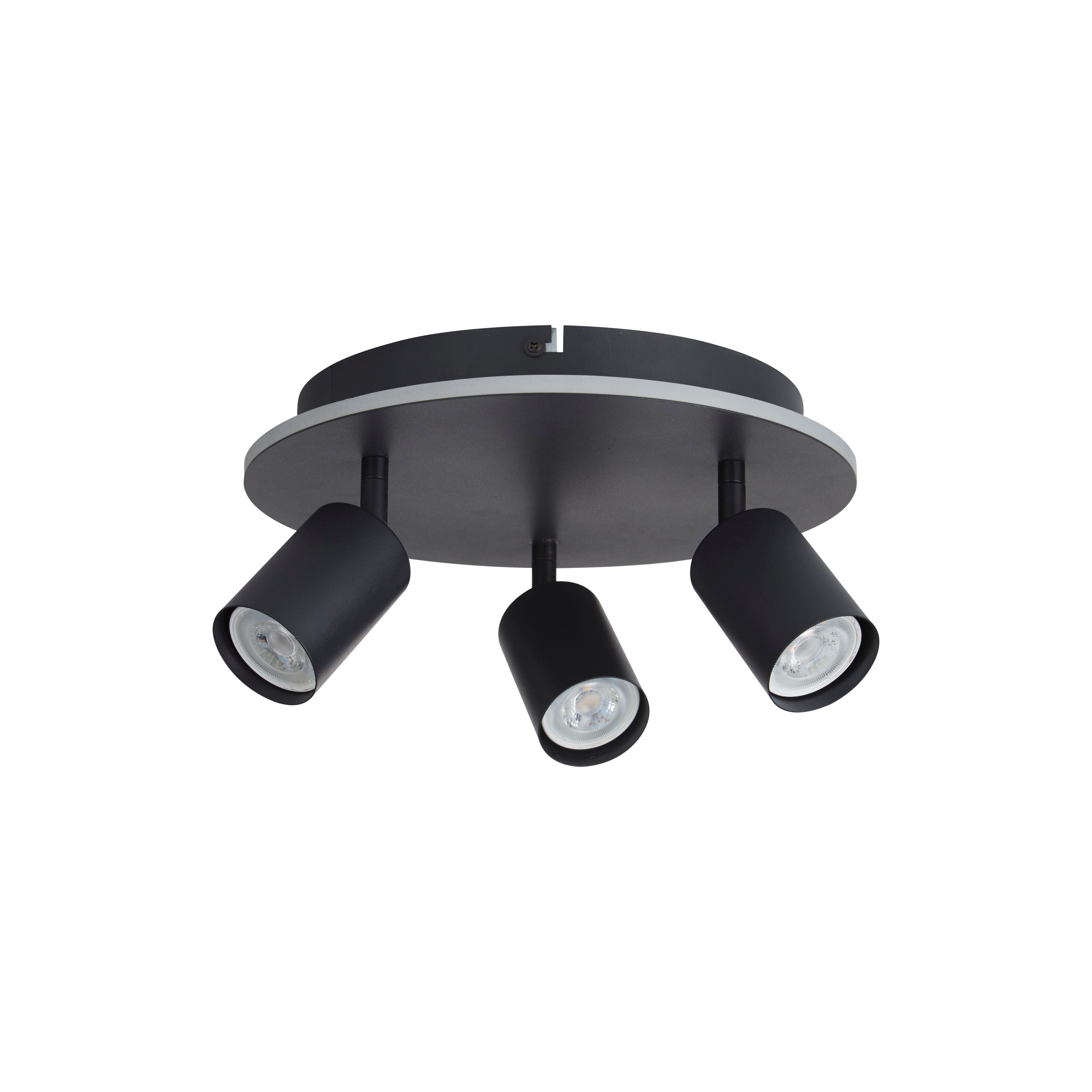 Searchlight San Diego 3 light flush in matt black, studio shot showing the LED halo ring and three spotlight heads
