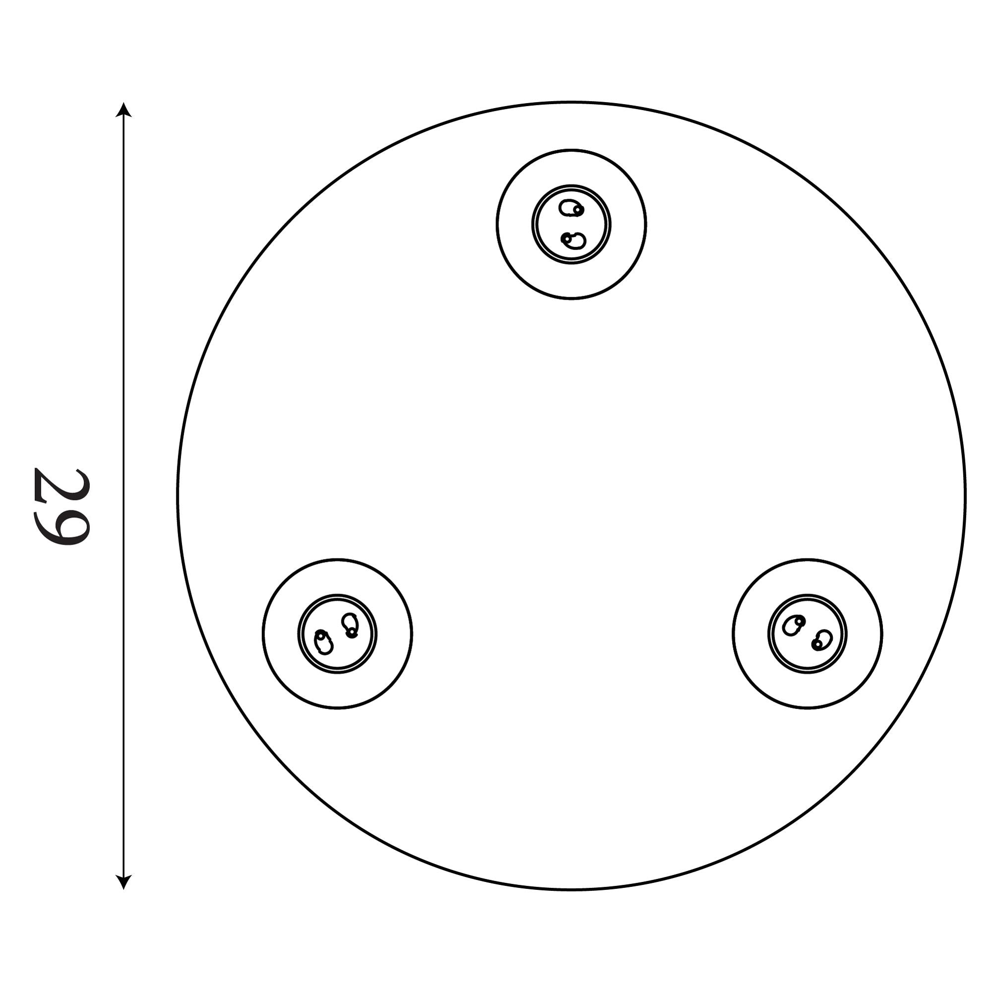 Line drawing of the San Diego 3 light flush showing a 29cm diameter and the position of the three spotlights