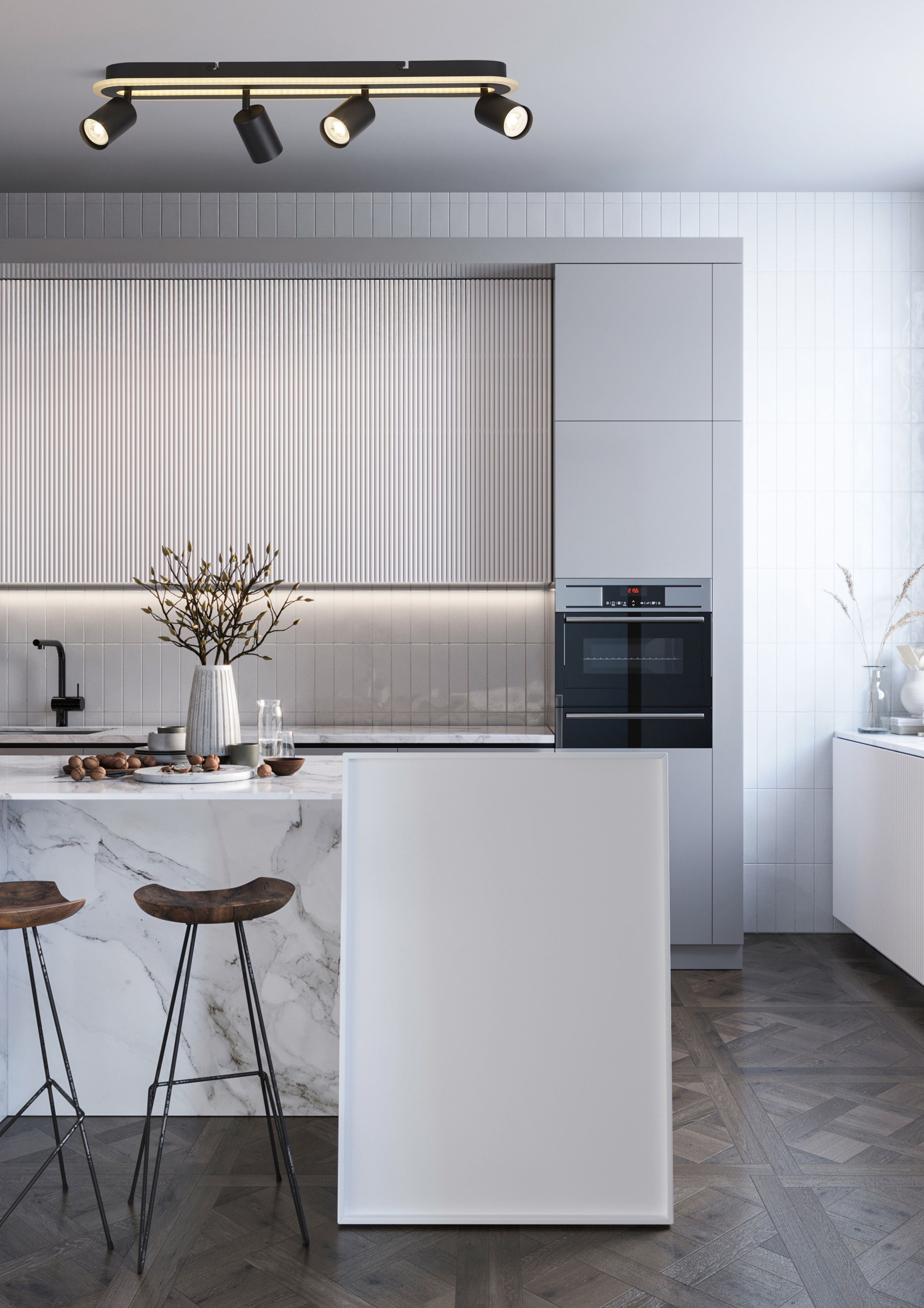 Searchlight San Diego 4 light flush installed above a kitchen island in a modern grey and marble kitchen