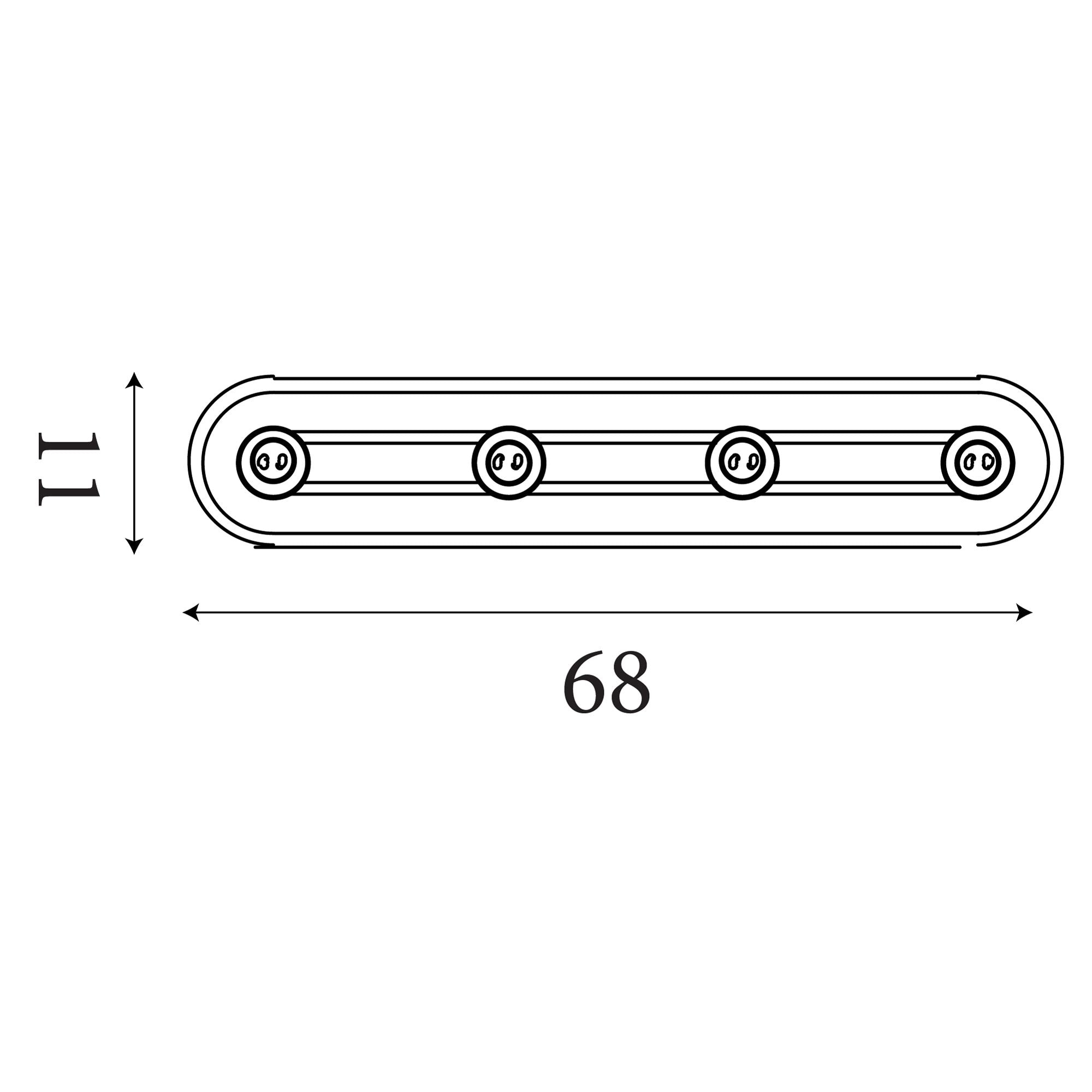 Technical dimension drawing of the San Diego 4 light flush, 68cm long by 11cm high, showing four lamp positions