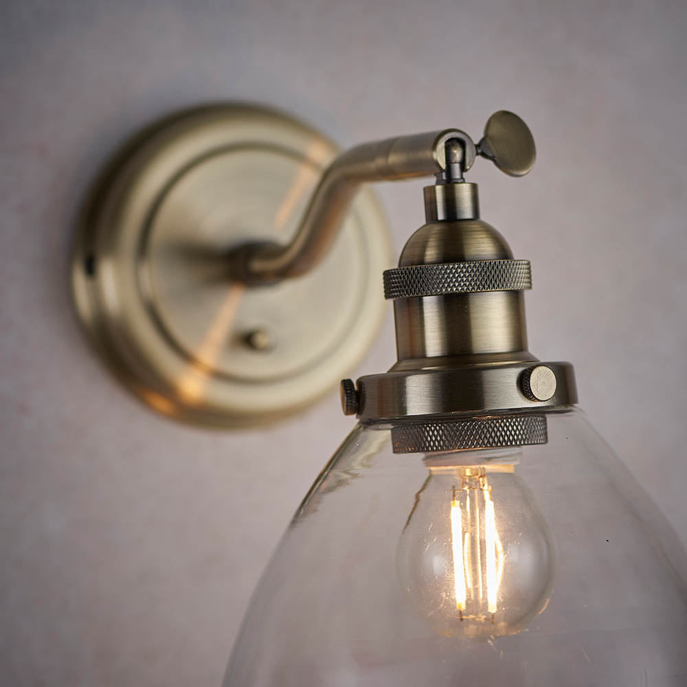 Endon Hansen Single Light Wall Light - Antique Brass Plate & Clear Glass