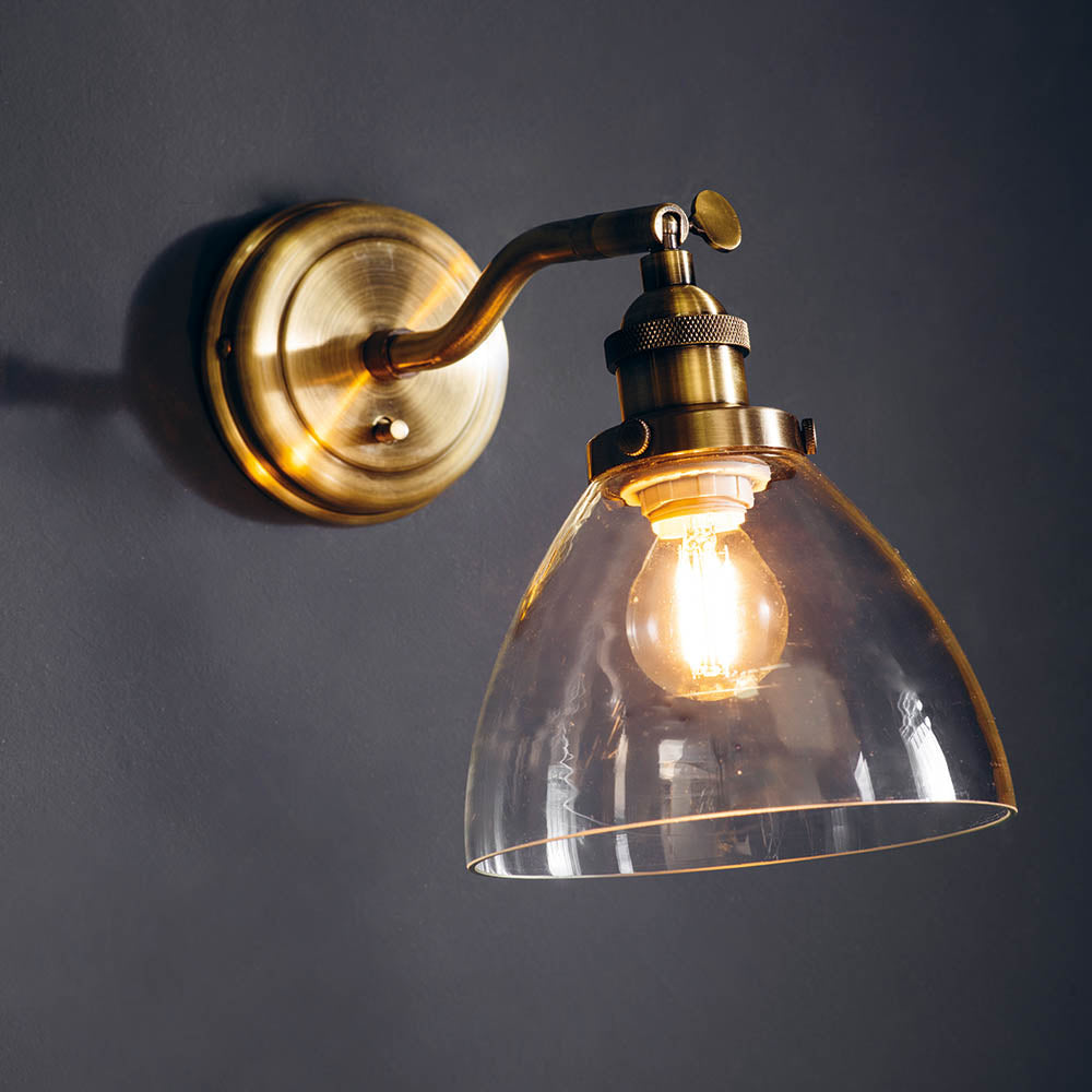 Endon Hansen Single Light Wall Light - Antique Brass Plate & Clear Glass