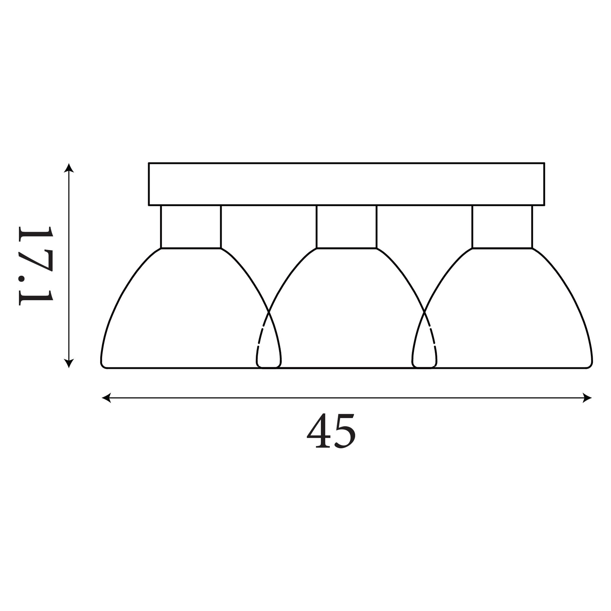 Technical line drawing of the Searchlight Cannes LED 3 Light Flush showing a width of 45cm and a projection of 17.1cm from the ceiling