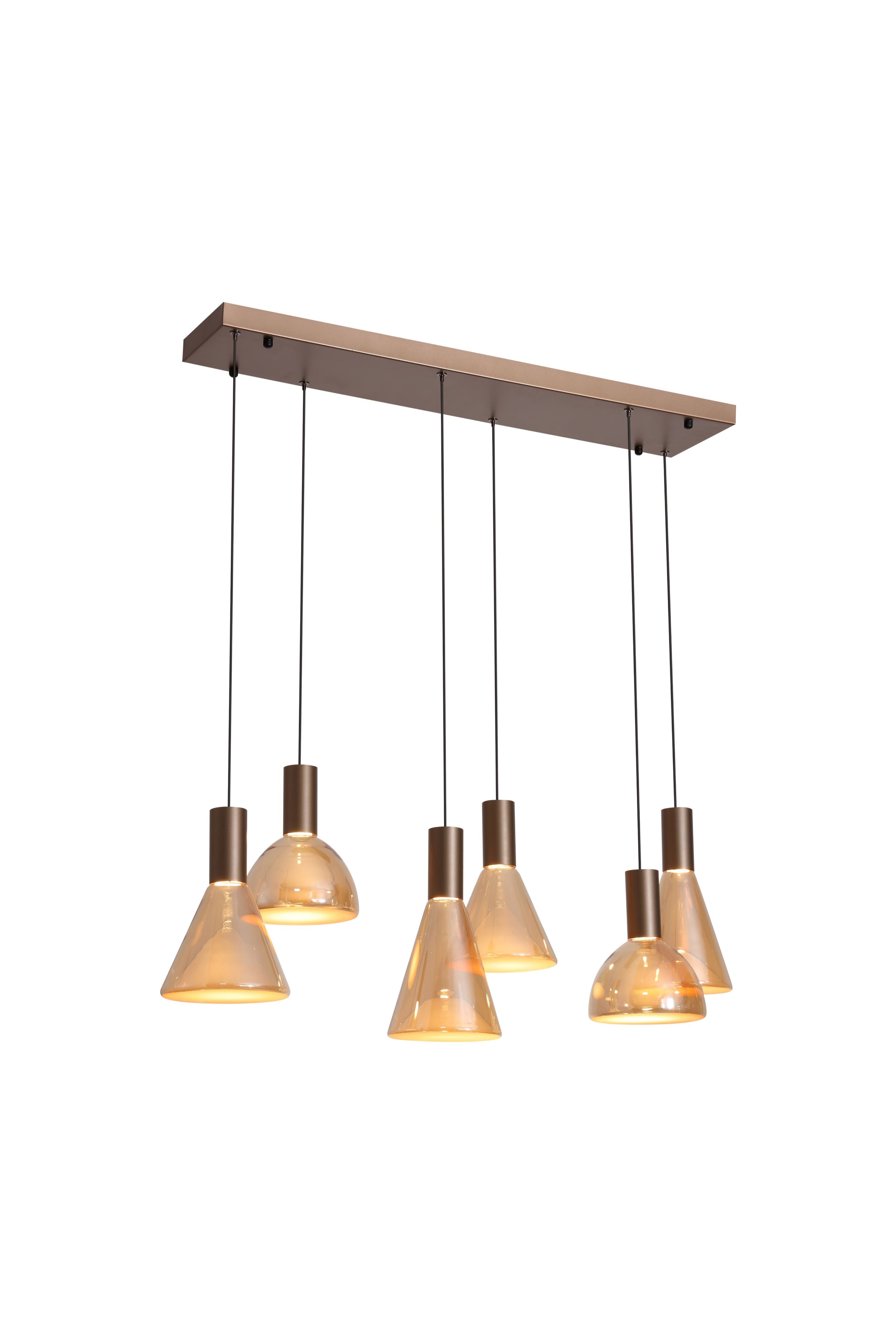 Searchlight Cannes LED 6 Light Pendant, latte bronze bar with six amber glass shades alternating cone and dome shapes, lit against a white studio background