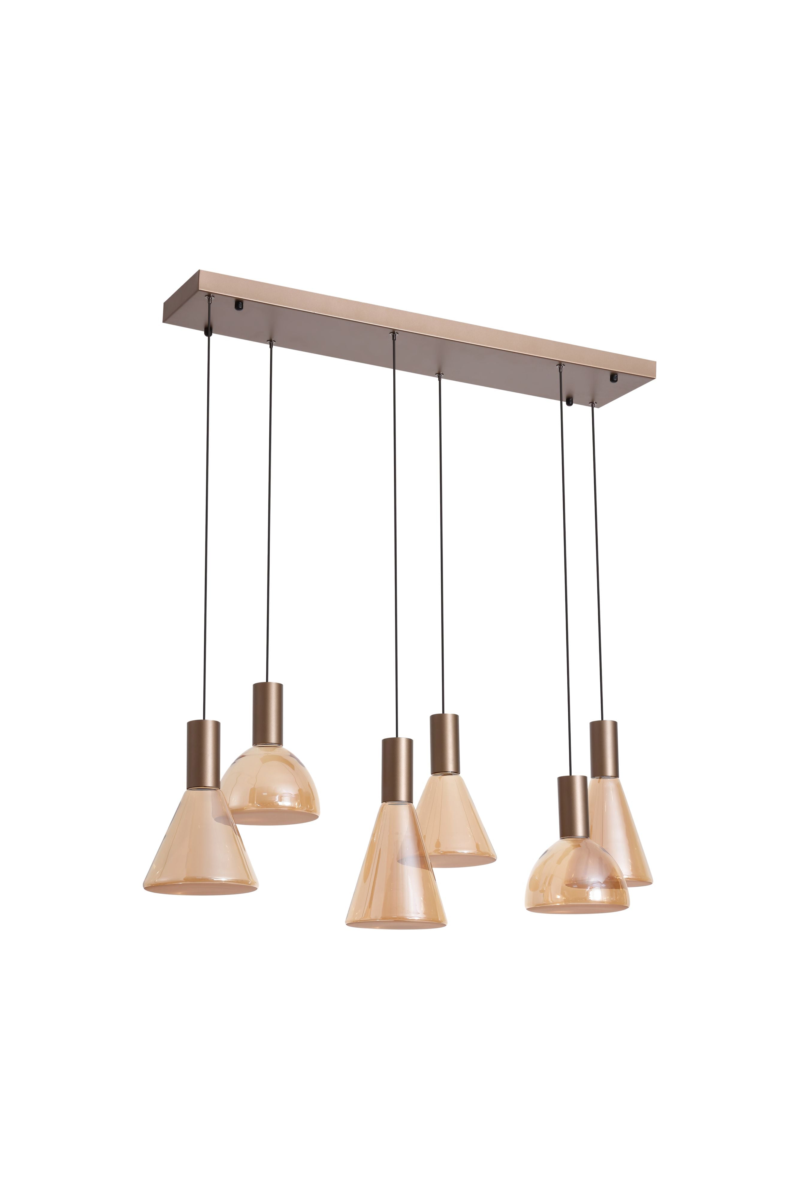 Searchlight Cannes LED 6 Light Pendant, alternate studio angle showing the six alternating cone and dome amber glass shades lit